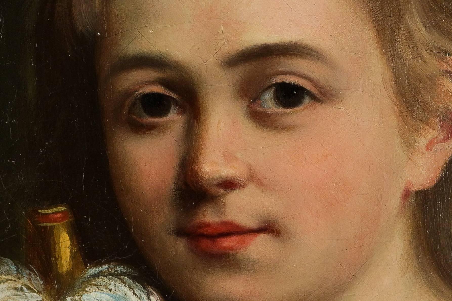 19th Century Romantic French School, The Young Girl to the Buffoon, Oil on Canvas Circa 1830 For Sale