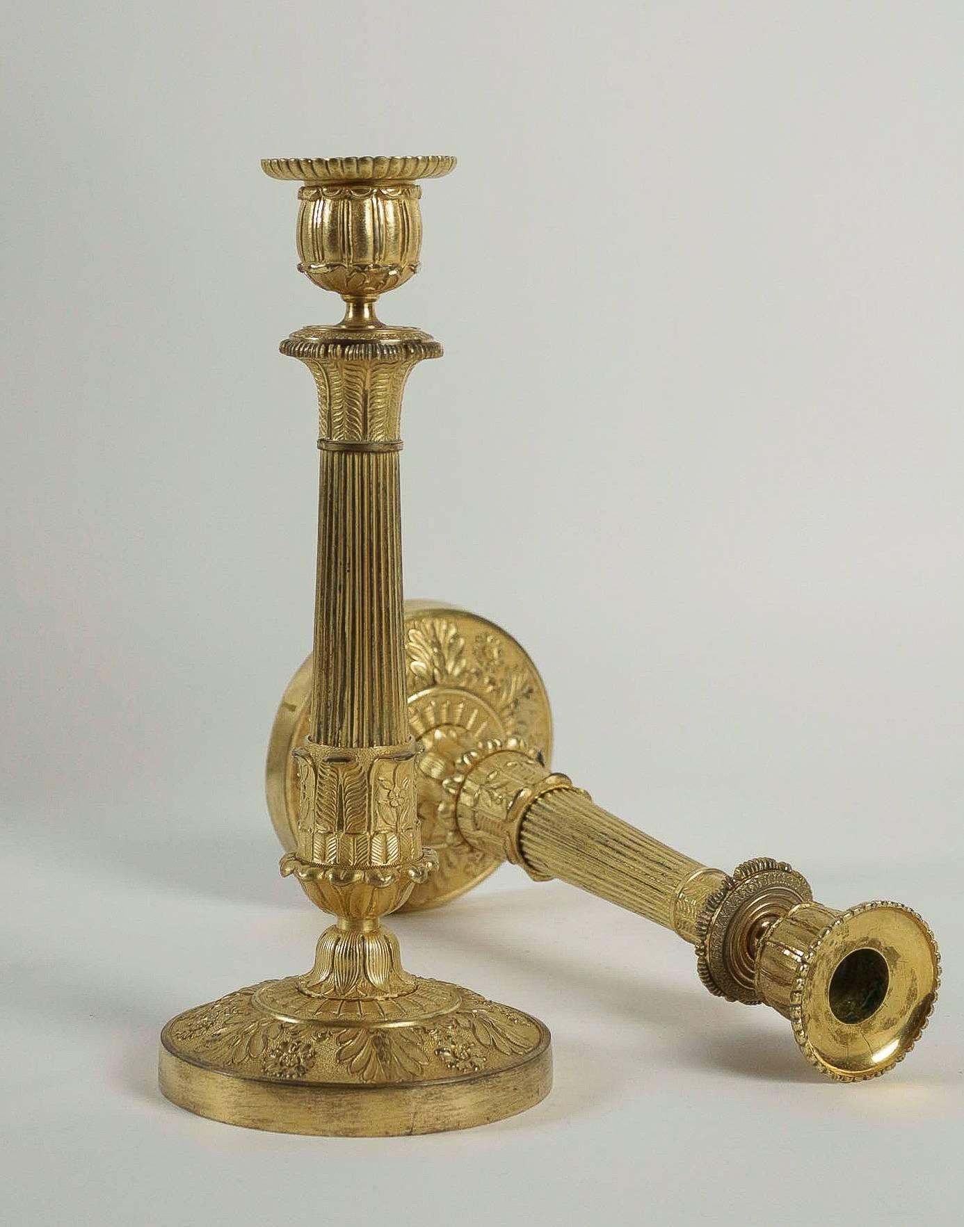 French Empire Period, Pair of Chiseled Ormolu Candlesticks, circa 1810 2