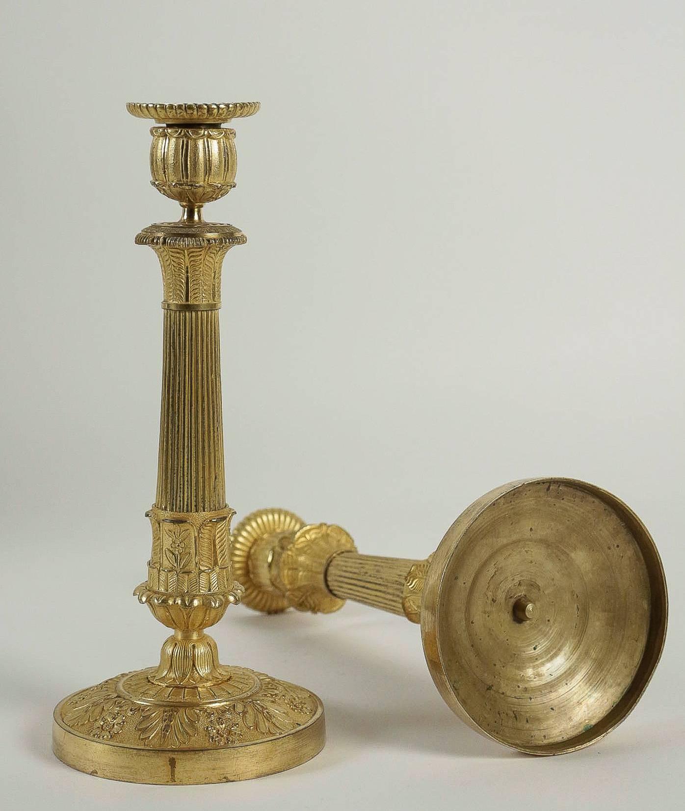 French Empire Period, Pair of Chiseled Ormolu Candlesticks, circa 1810 3