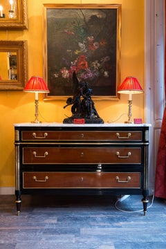 French Louis XVI Period Mahogany and Ebonized Mahogany Marble-Top Commode