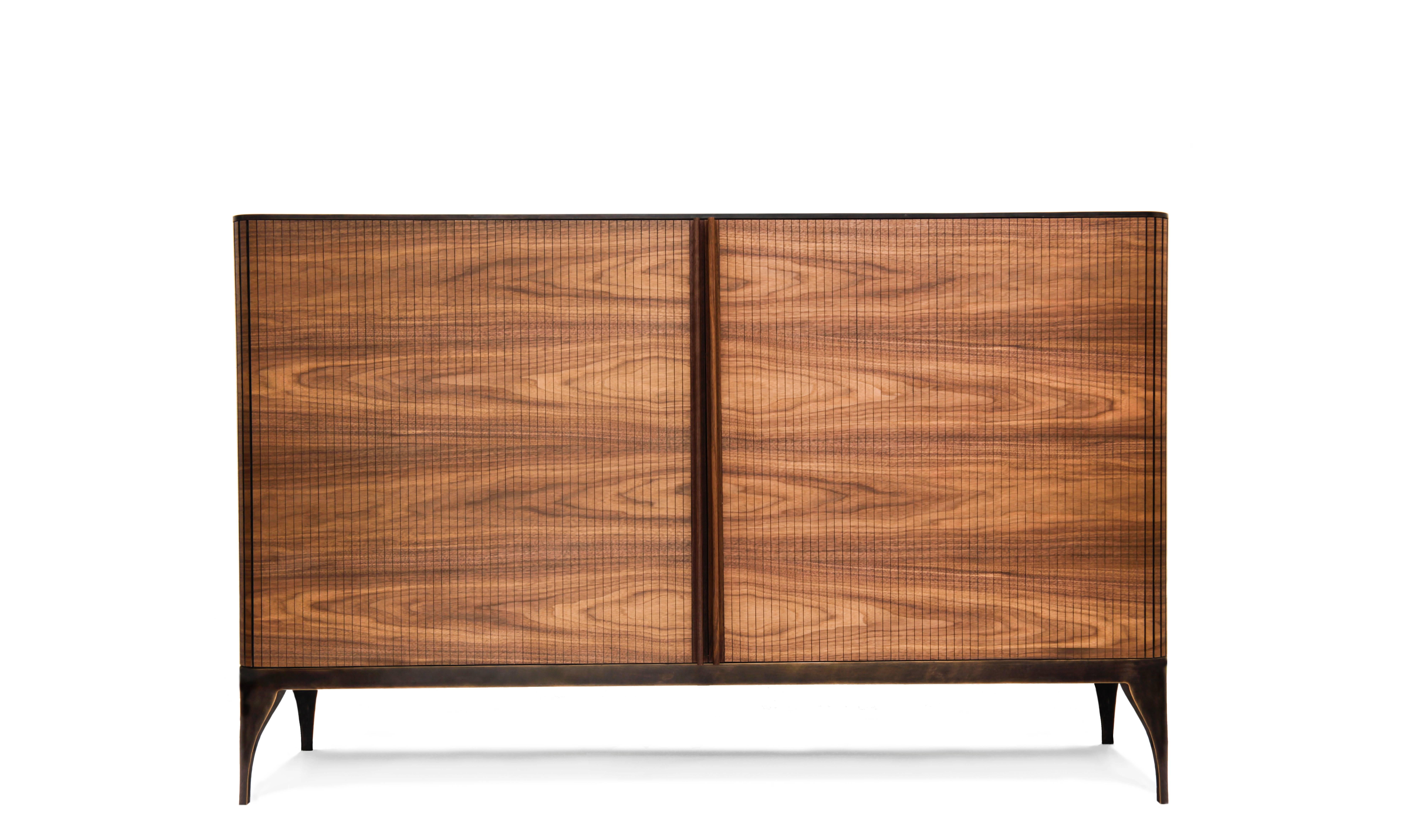 Commissioned item. Classic meets contemporary with the tambour credenza. This one of a kind piece takes the Classic horizontal sliding tambour door and ads a contemporary twist. The elegant curves and action of the tambour sliding door is highlights