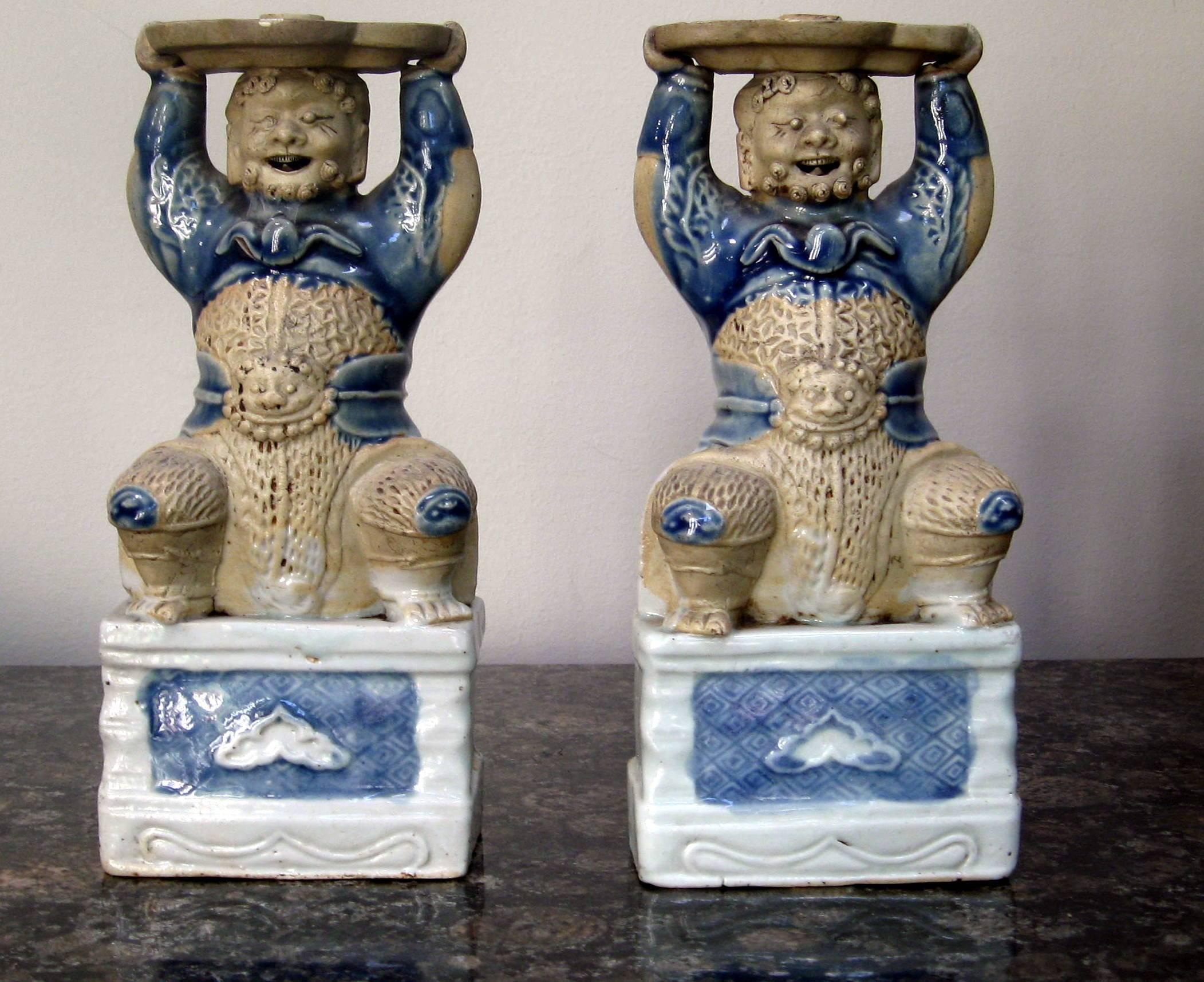 Qing Pair of Blue and White Glazed Figural Joss Stick Holders, Qianlong Period