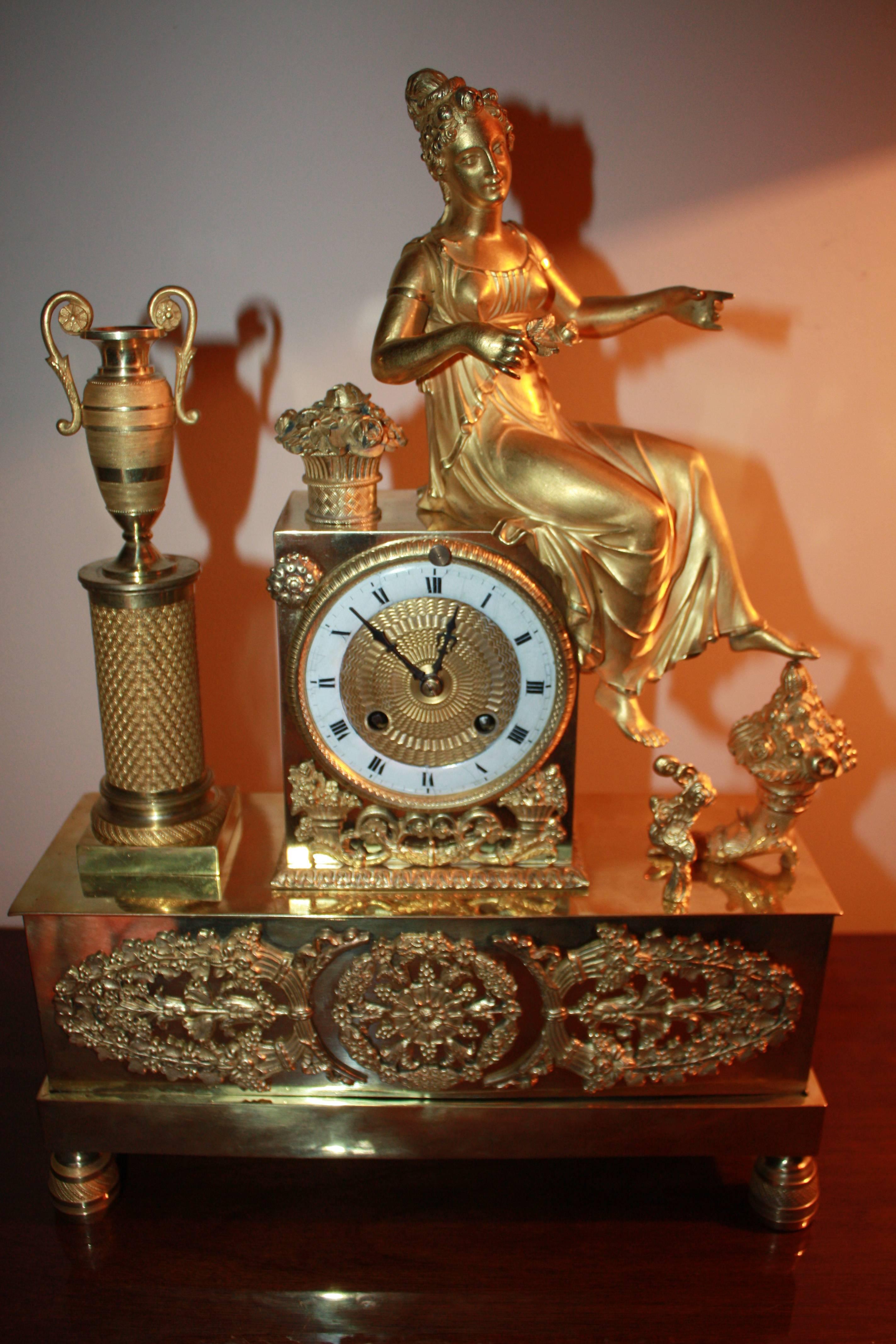 19th Century Classical Style Gilt Bronze Figural Mantle Clock, Japy Freres, Hersant For Sale