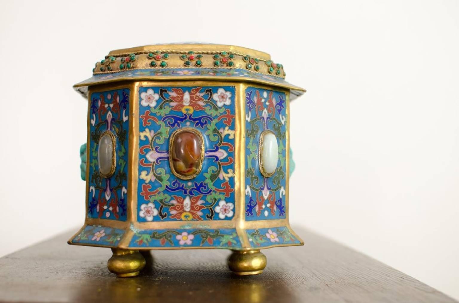 20th Century Chinese Hardstone Inlaid Cloisonne Enameled Gilt Metal Casket For Sale