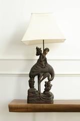 Large Chinese Wood Carving of He Xiangu, Mounted as a Table Lamp, circa 1900