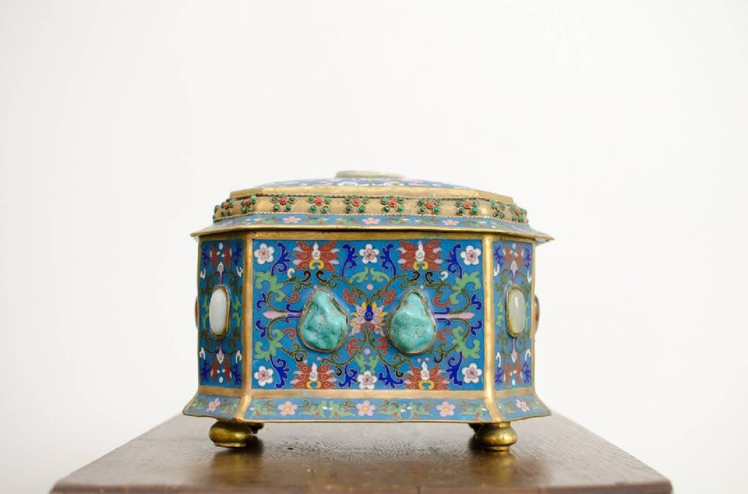 Stone Chinese Hardstone Inlaid Cloisonne Enameled Gilt Metal Casket For Sale