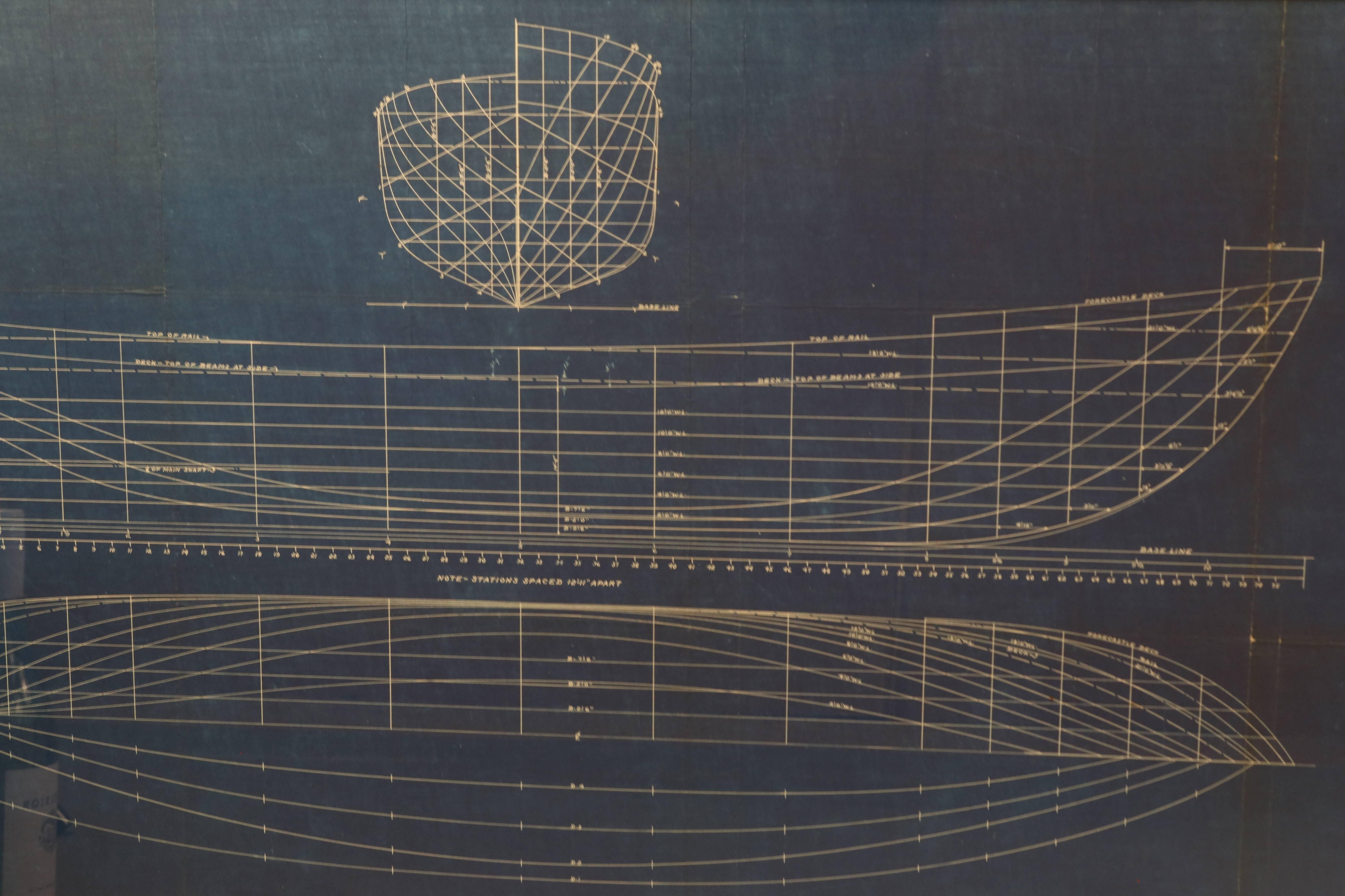Early 20th century blueprint by John Alden of a General Seafoods Corp. trawler dated 2/24/37. Hull Lines are shown from bow, profile and bottom views. Nicely framed. Scale: 1/4 inch = 1 foot.
Plan no. 643 drawn by "Winslow".