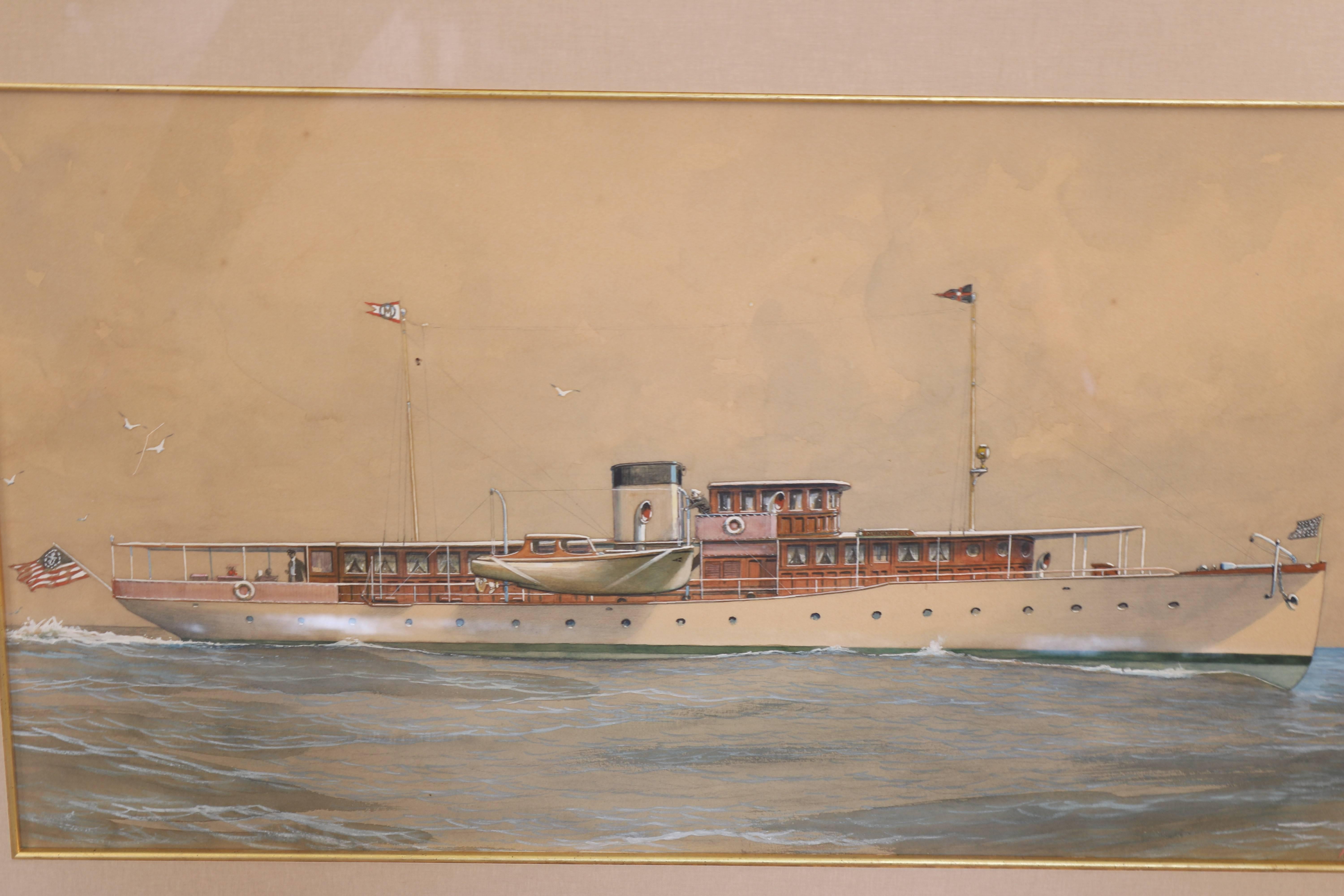 Gouache au pastel représentant un yacht à vapeur en route, arborant la burgee du New York Yacht Club et le drapeau du Commodore. Mat et encadré, vers 1925. 
Dimensions globales : 25 1/2