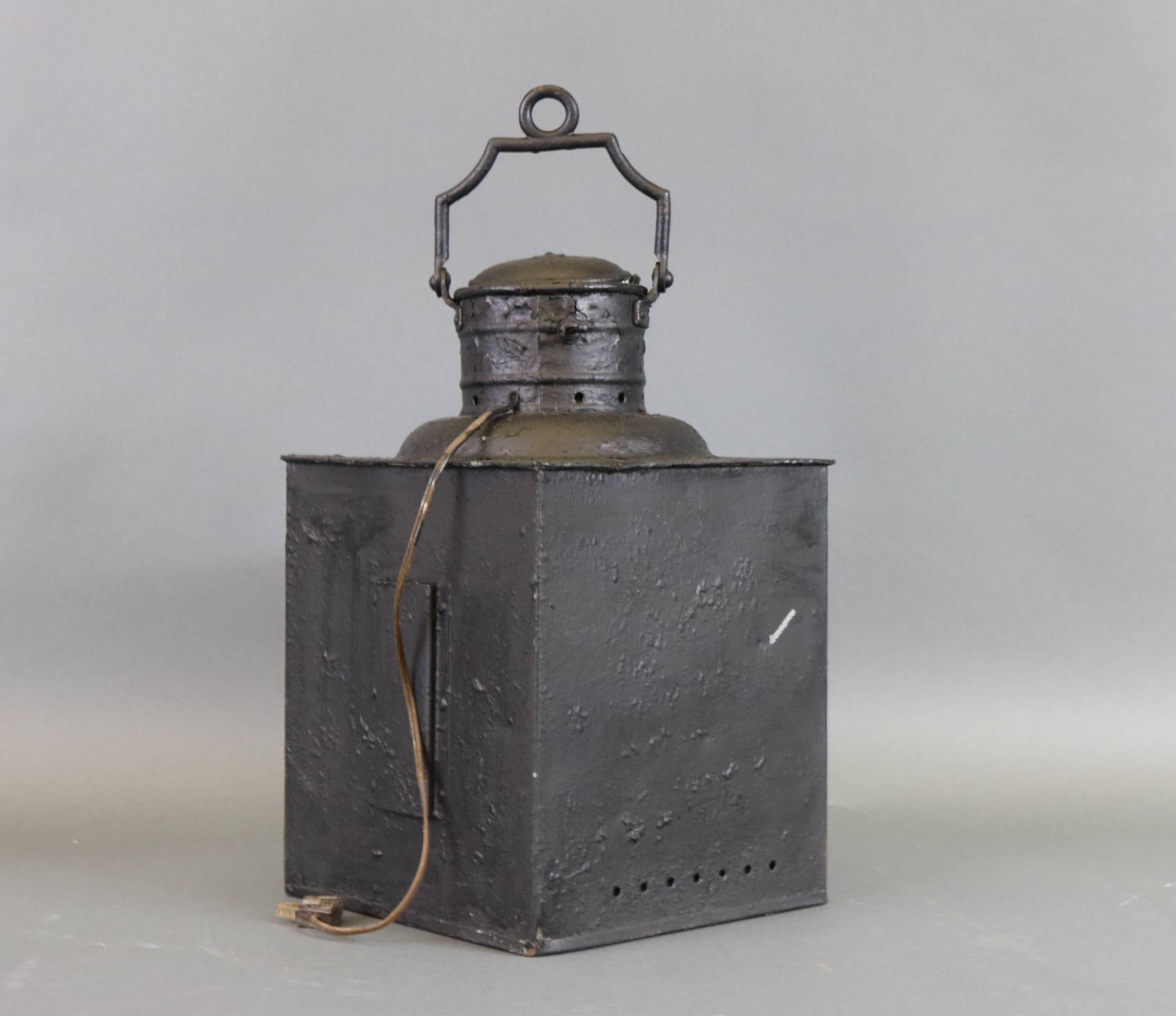 Rich blue starboard ship's lantern with iron case, heavy handle. Electrified.