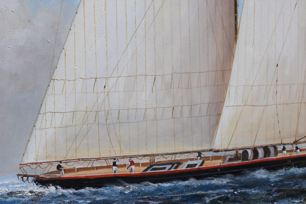 Oil on canvas of a two masted schooner under full sail flying an American flag. Signed. D. Tayler. Framed in silver.

On sight 23 1/2" high x 35" wide. Overall 31" high x 43" wide.
