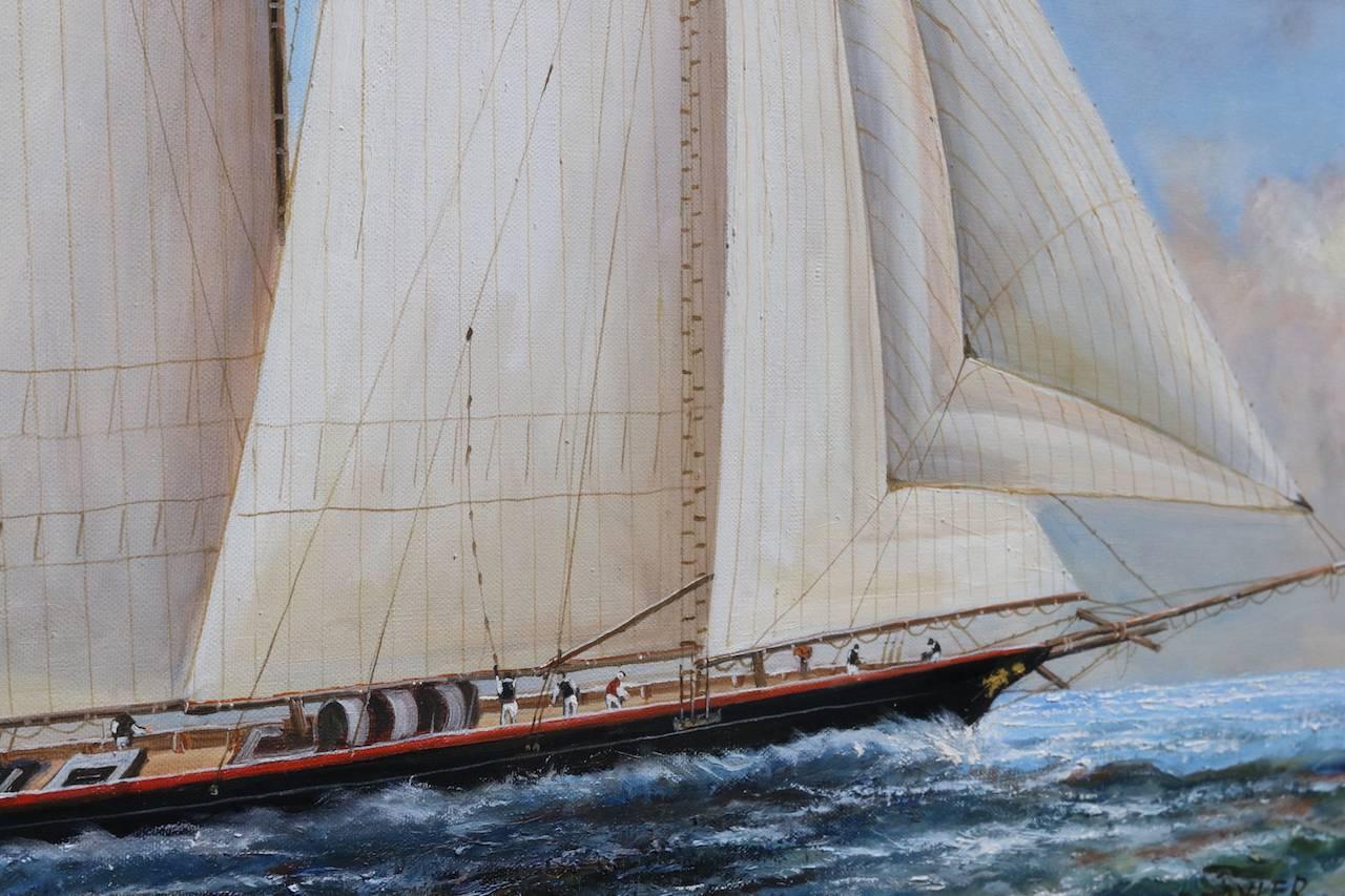 Oil on Canvas Two-Masted Schooner In Good Condition In Norwell, MA