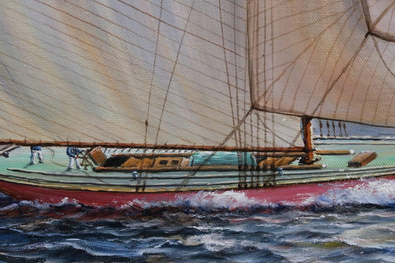 Oil painting showing a two-masted schooner. Sail is stamped US 12-17. Signed D. Tayler. Framed in silver. Measures: 24" high x 36" wide, on sight. 32" high x 44" wide, overall.