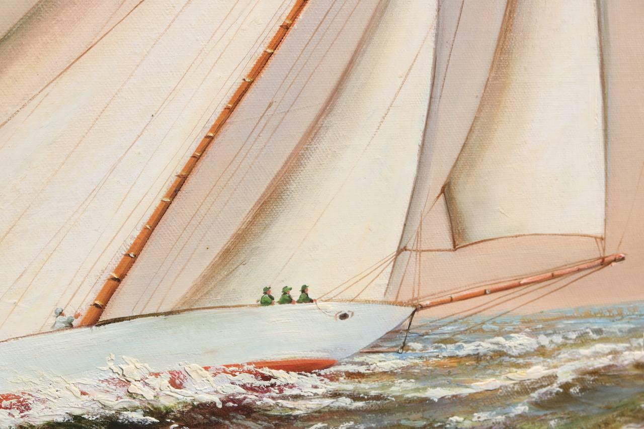 Oil painting of a gaff rigged sloop pitching to one side underway in sunset. Signed F. Tailroy. Framed in silver. 30" high x 29 1/2" wide, on sight. 38" high x 37 1/2" wide, overall.