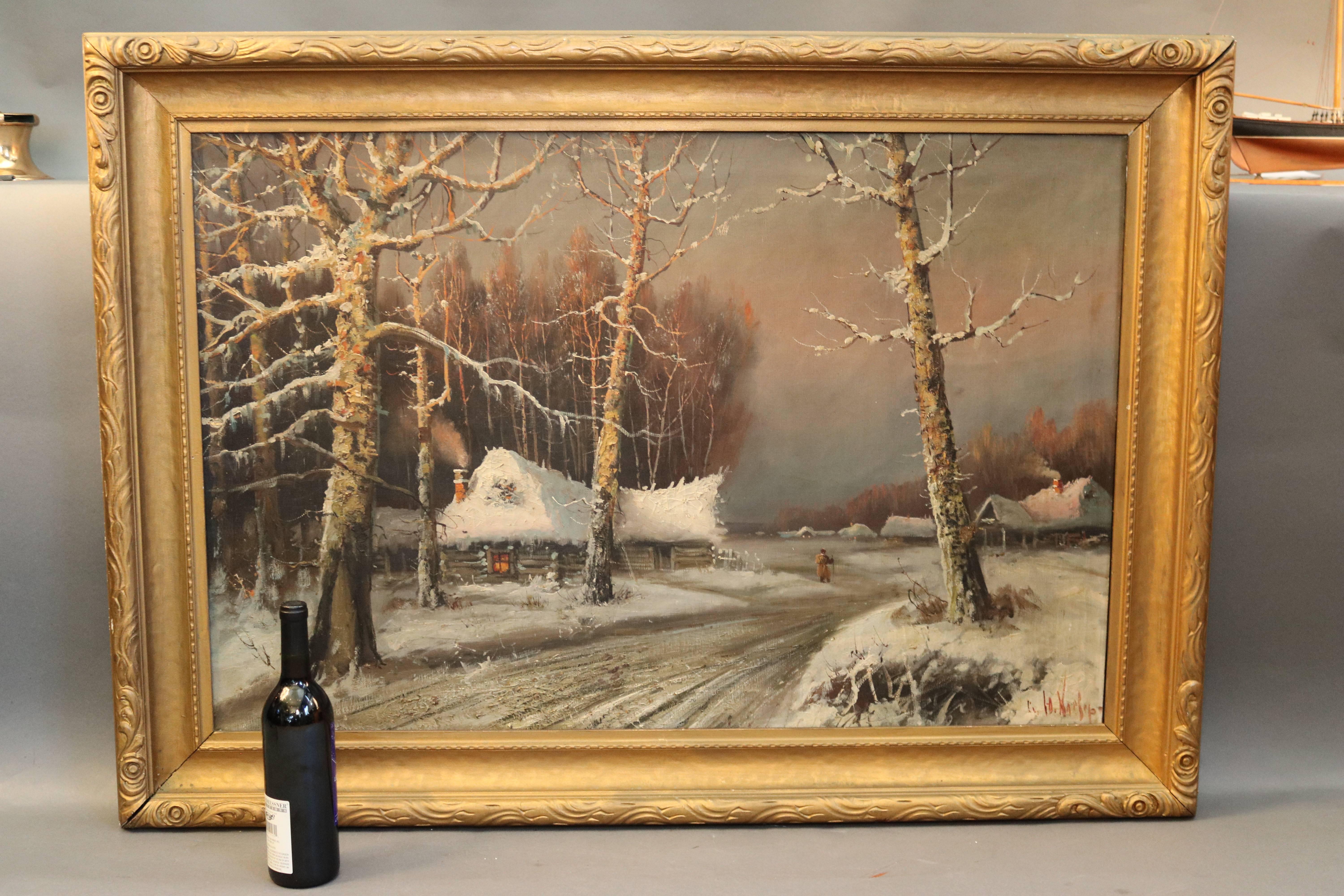 20th Century Large Oil Painting of a Winter Scene