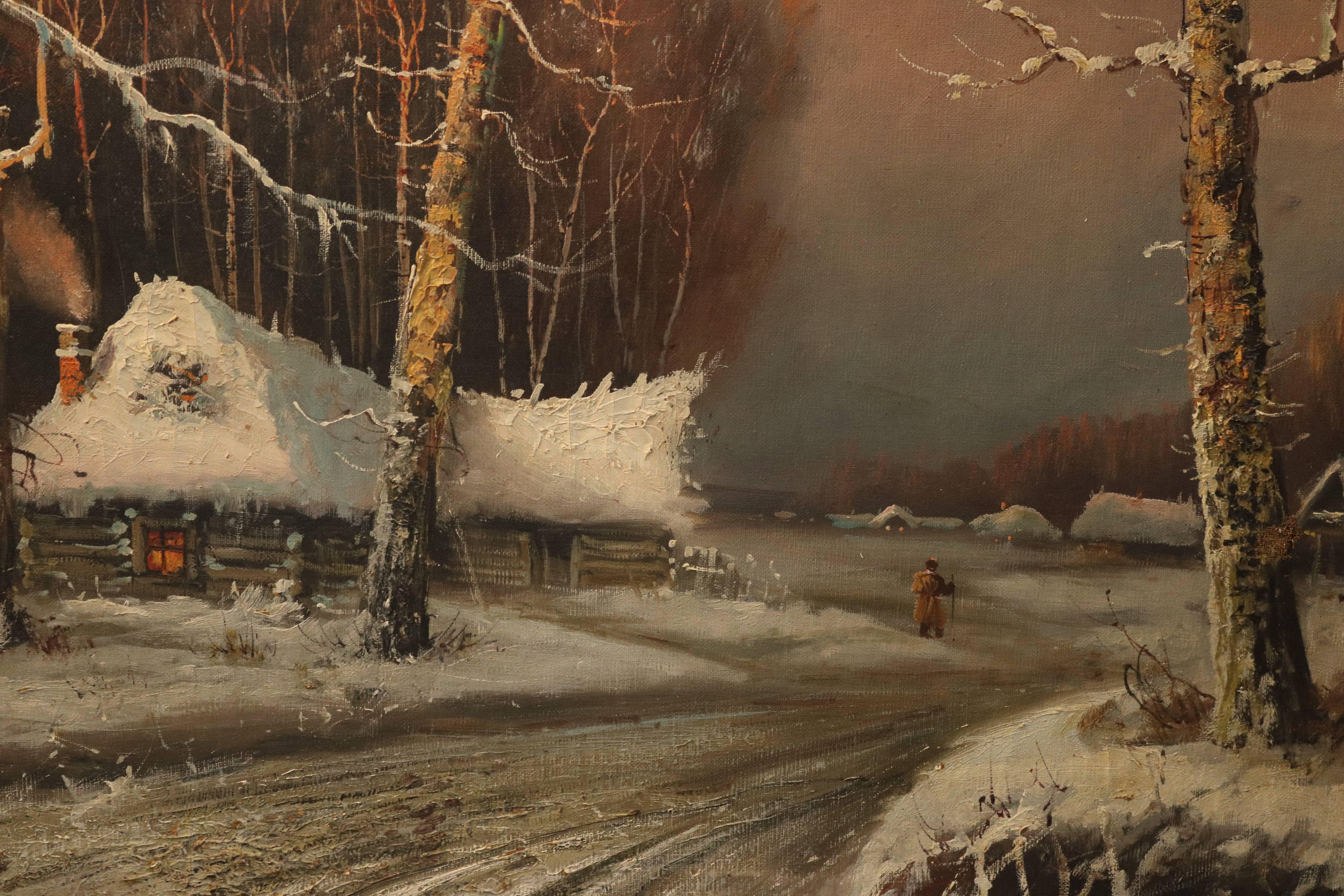 Large Oil Painting of a Winter Scene In Good Condition In Norwell, MA