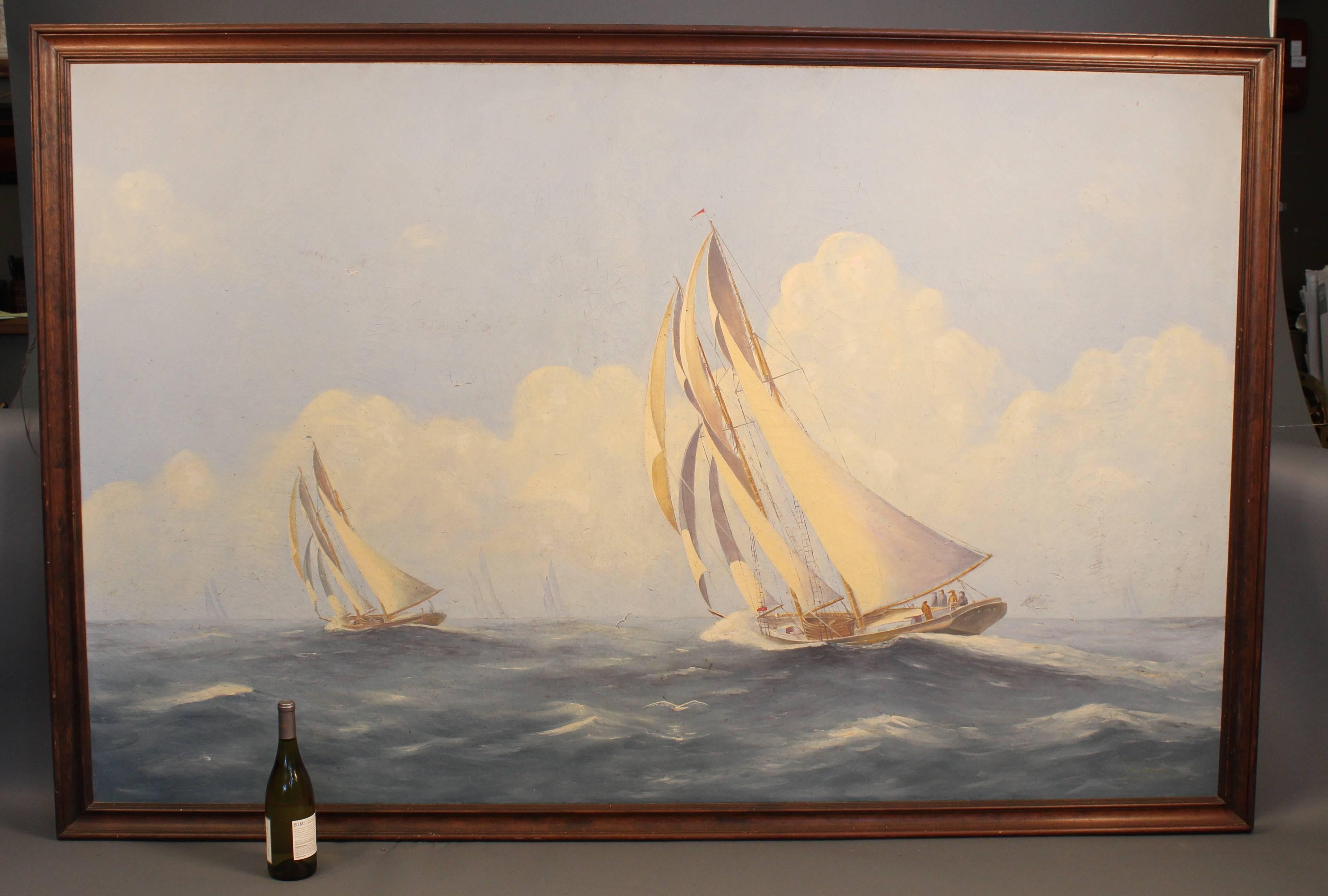 Monumental oil on canvas of painting of fisherman on the docs of two schooners racing home towards the Fish Pier. One vessel is identified as Bill and Amy. Signed lower right, J.A. Chase. J. A. Chase was a well-regarded New Bedford, Massachusetts