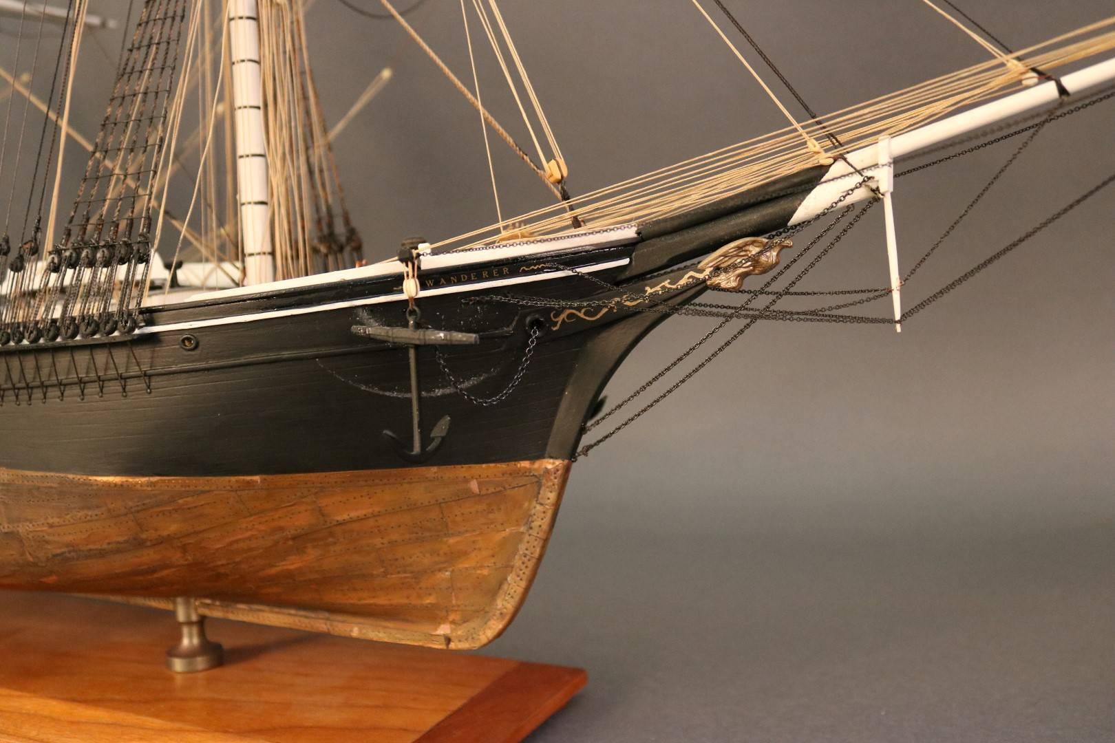 A 19th century sailing barque by William Hitchcock, with solid wood hull and copper sheathing. "Wanderer" in gold lettering on side.

Overall dimensions: 33" x 9" x 24".