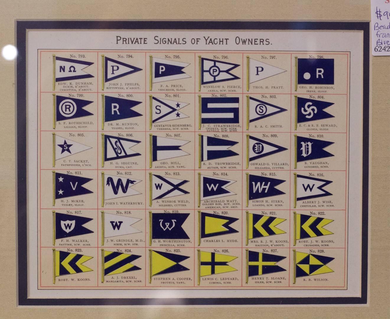 Original page from Lloyd's Register, early 20th century showing the private Signal flags of yacht owners. Numbers 793 to 828. Notable yacht owners include AJ Drexel, Robert Koons and more. Color theme is blue, white and yellow. Matted and framed.