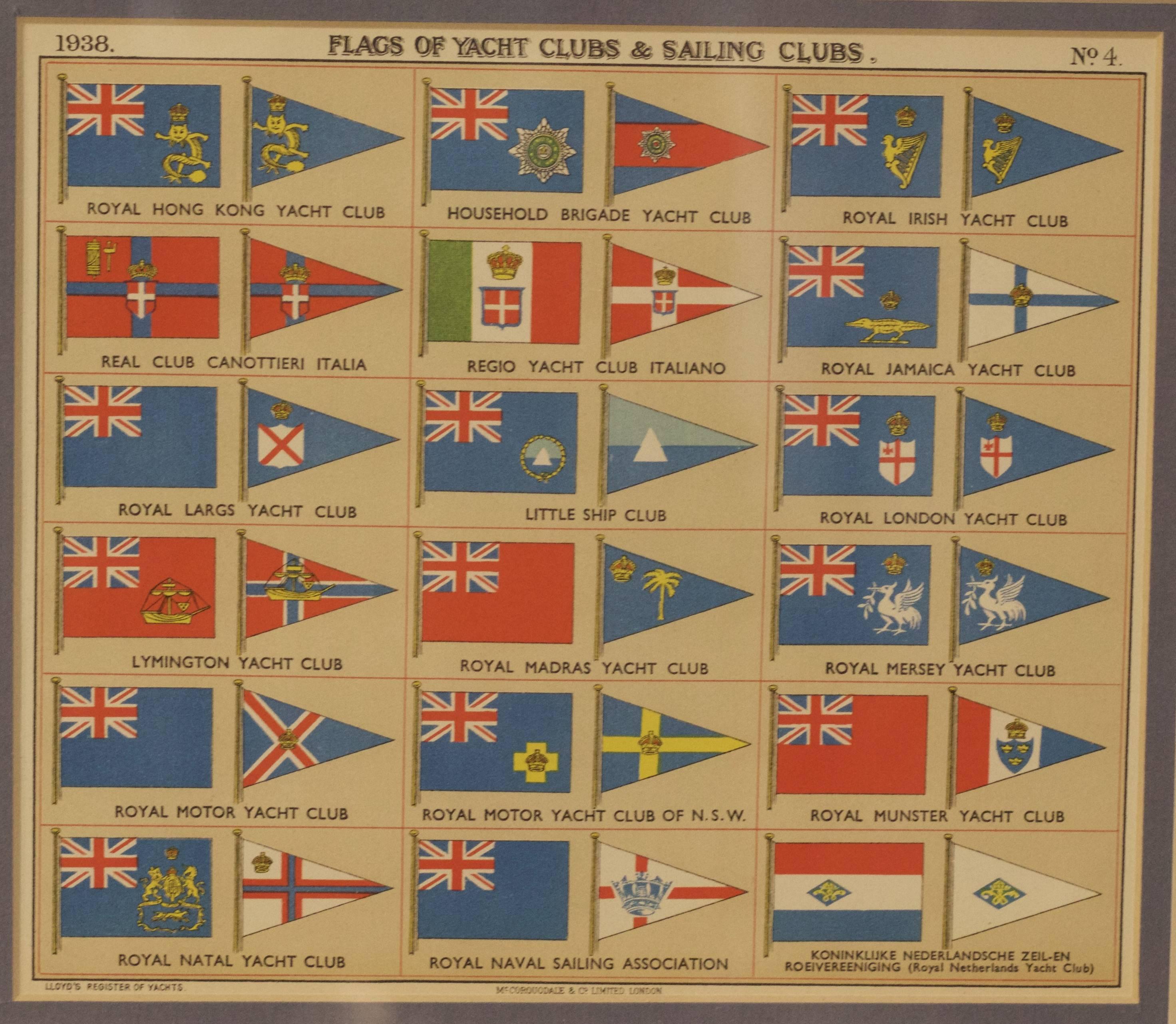 Framed authentic page from Lloyd's Register, circa 1938. Showing flags of yacht and sailing clubs, including Royal London Yacht Club, Royal Motor Yacht Club of New South Wales, and Royal Irish Yacht Club to name a few. Mounted into beaded mahogany
