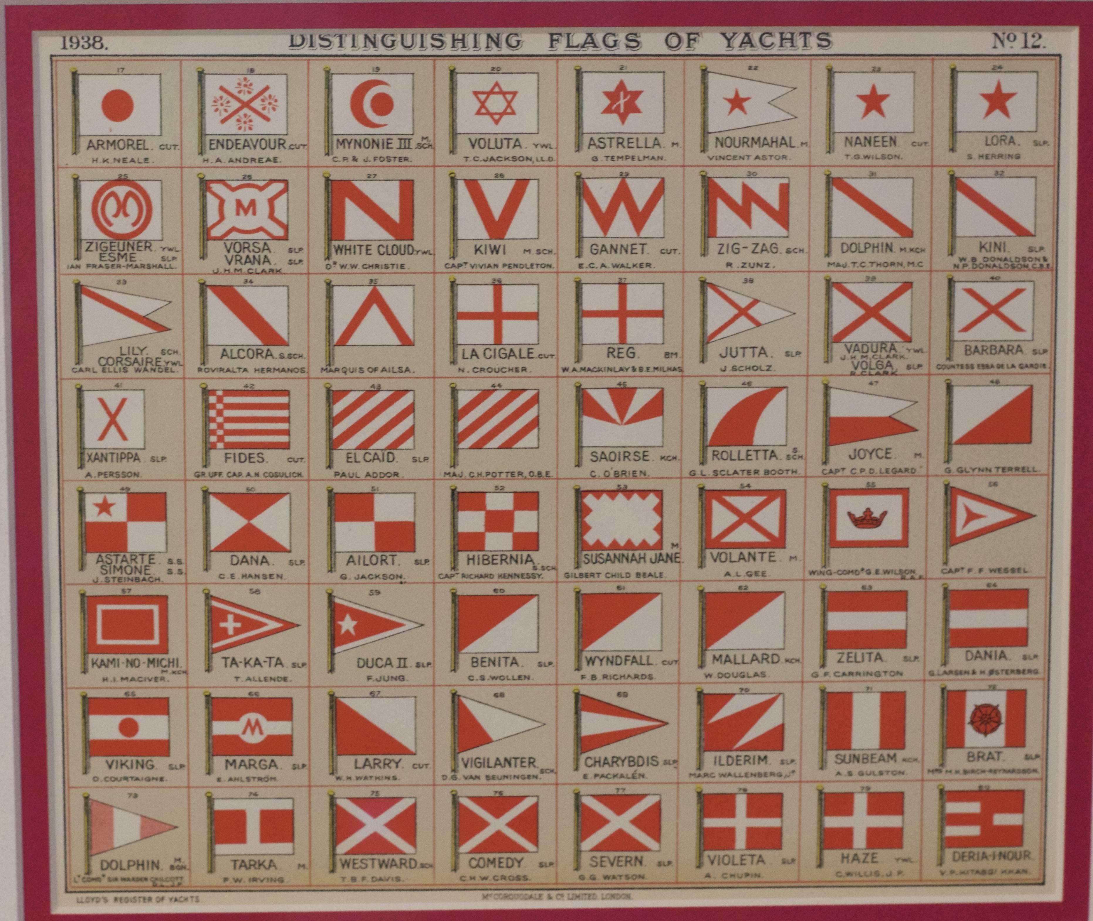 A framed page from Lloyd's register, circa 1938. Showing distinguishing flags of yachts. No 17 to 80. Color theme is red and white. Matted and framed. Dimensions: 12" H x 13.5" L.