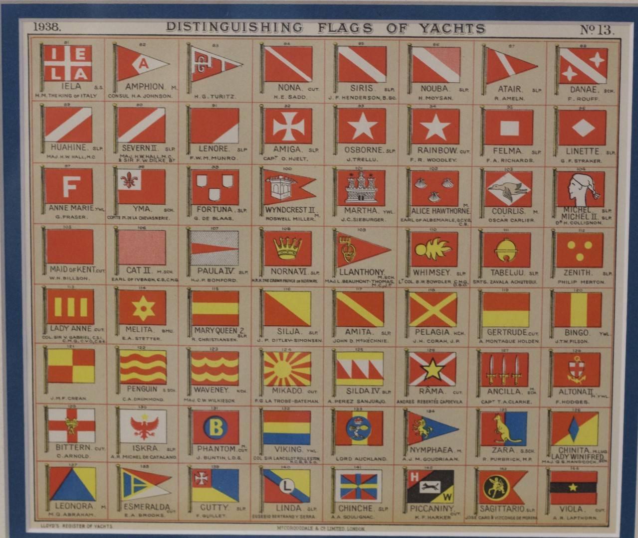 A framed page from Lloyd's register, circa 1938. Showing distinguishing flags of yachts. Yacht owners include King of Italy, numbers 81 to 144. Matted and framed. Dimensions: 12" H x 14" L.
