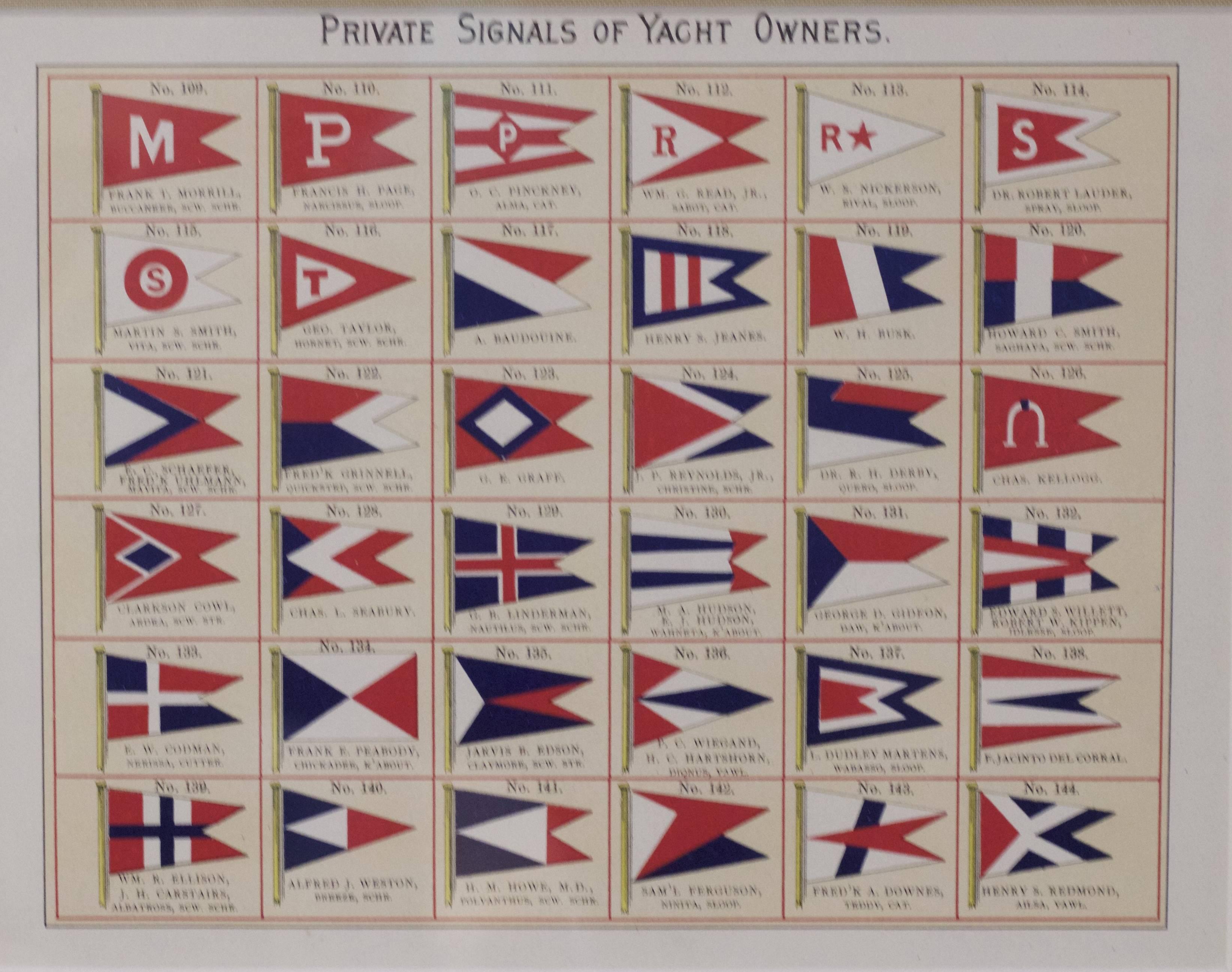 Framed print showing yacht club flags from the early 1900s with linen backing. Includes Easter yacht club of Marblehead. Dimensions: 15" L x 13" H.