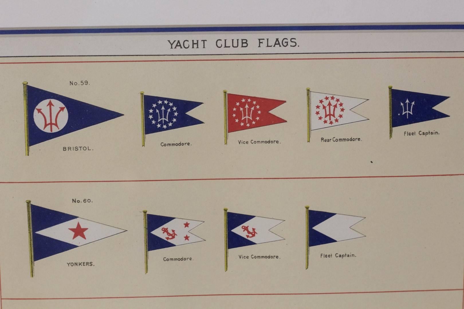 A framed original page from Lloyd's Register, circa 1938. Showing yacht club flags of Bristol, Yonkers, Hull MA. Respective commodore, vice commodre and fleet captain flags. Matted and framed. Dimensions: 13
