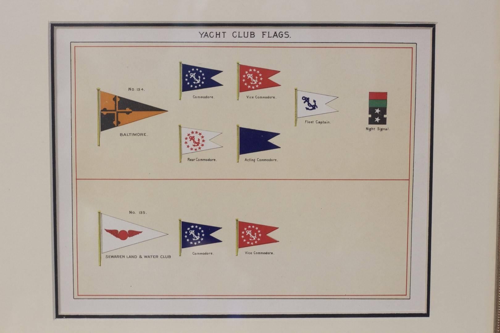 A framed original page from Lloyd's Register, circa 1938. Showing yacht club flags of Baltimore, Sewearan Land and Water Club. Respective commodore, vice commodore and fleet captain flags. Matted and framed. Dimensions: 12.5