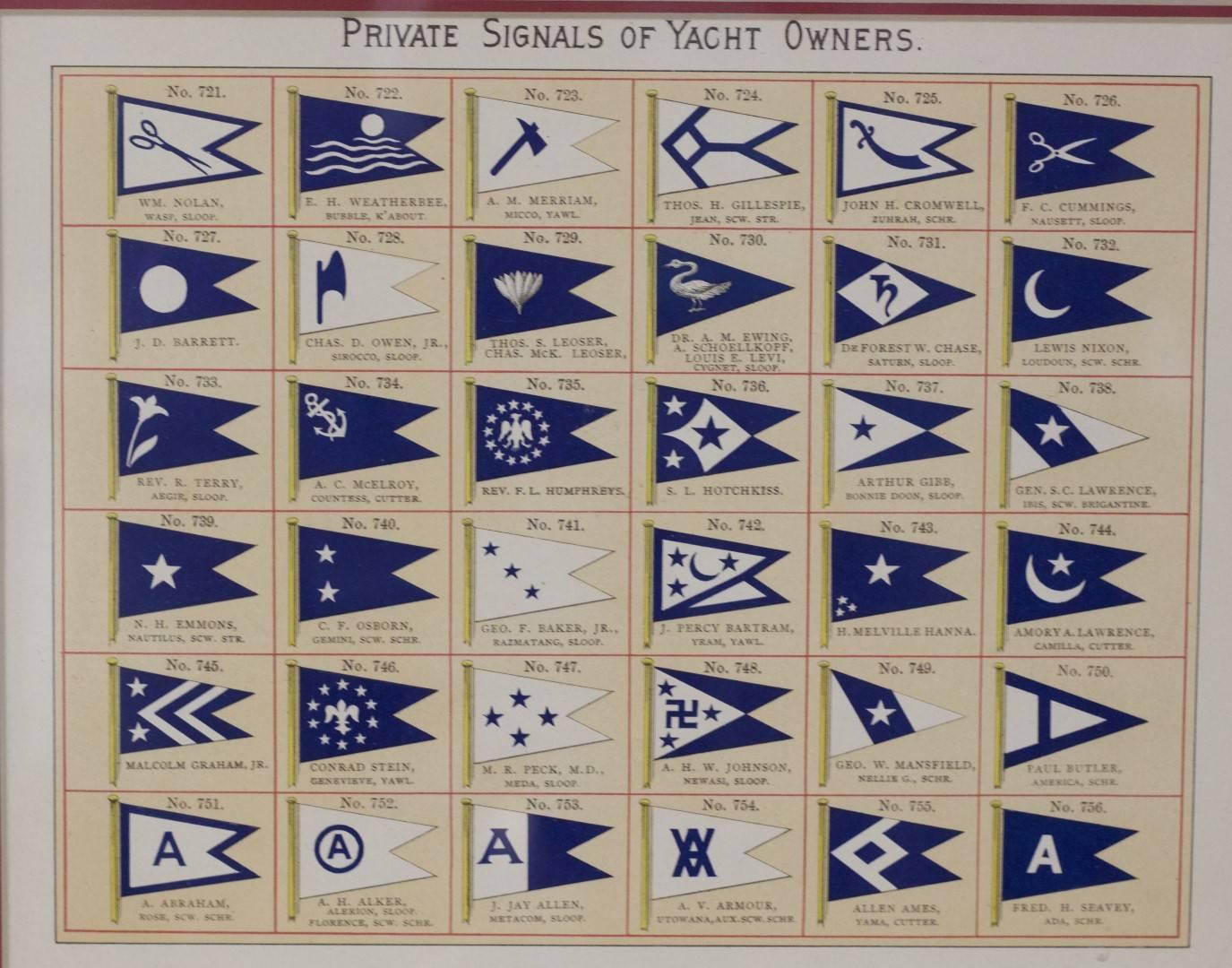 A framed original page from Lloyd's Register, circa 1938. Showing the private signals of yacht owners. Numbers 721 to 756. Yacht owners include MR Peck (Vanderbilt), George Baker, Defores Chase, etc. Matted and framed. Dimensions: 12