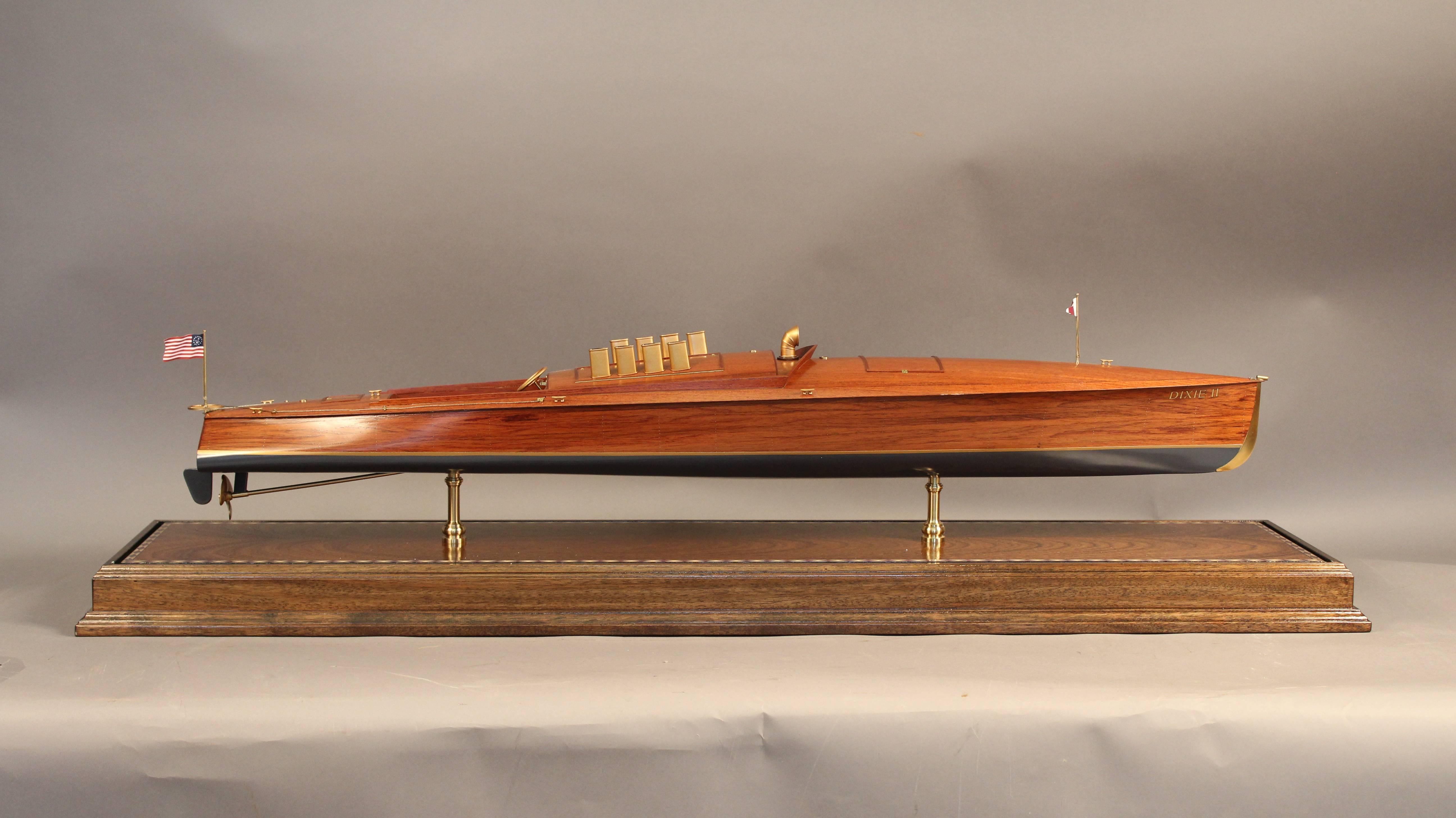 Hand-Carved Speeboat Dixie II Model in Glass Display Case For Sale