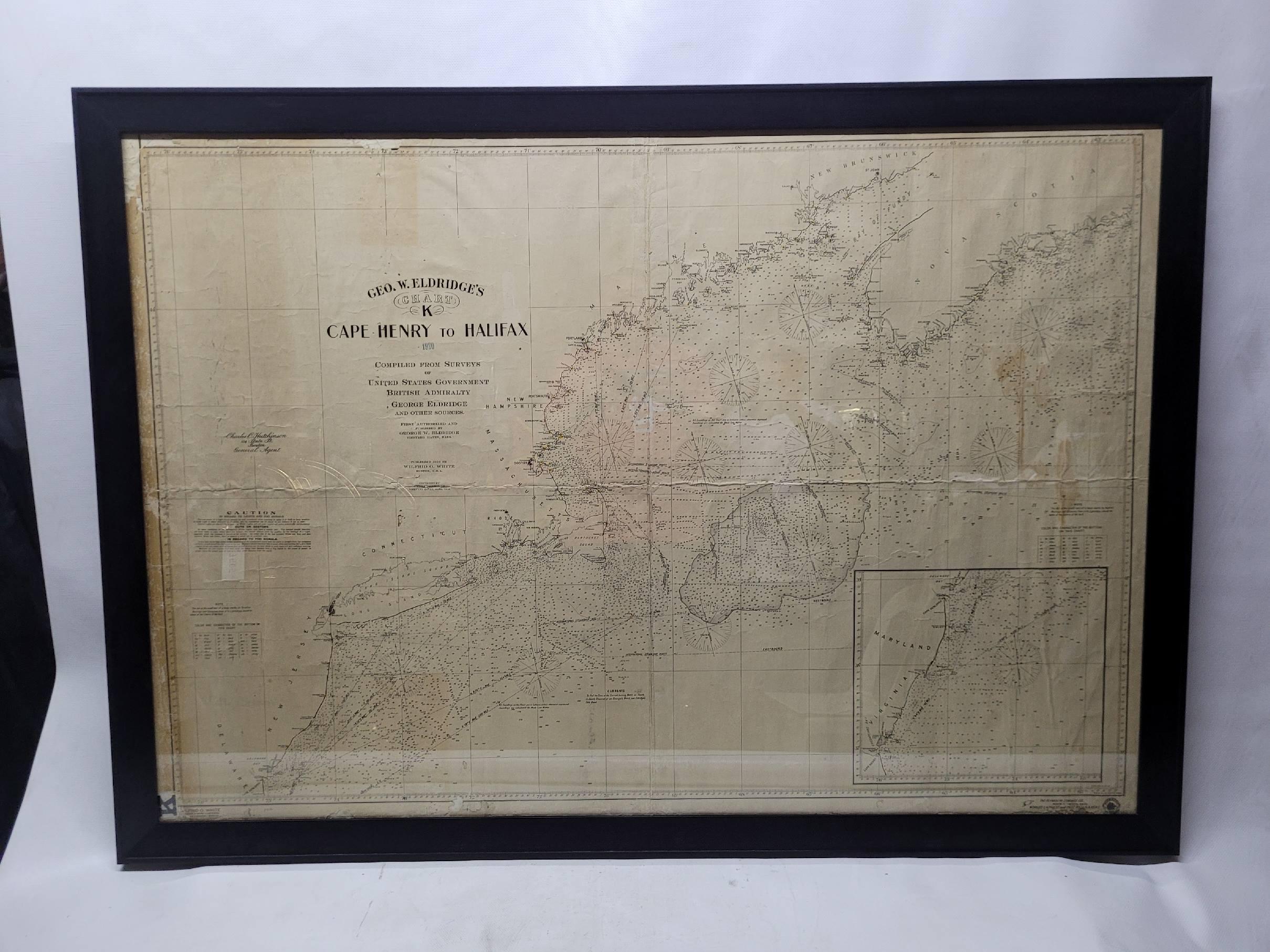 Carte marine de 1920 de la côte est des États-Unis, de la Virginie au Maine, au Nouveau-Brunswick et à la Nouvelle-Écosse. La carte montre Cape Cod, Long Island, la côte du Connecticut, Jersey Shore, Maine, New Hampshire, etc. Très détaillé,
