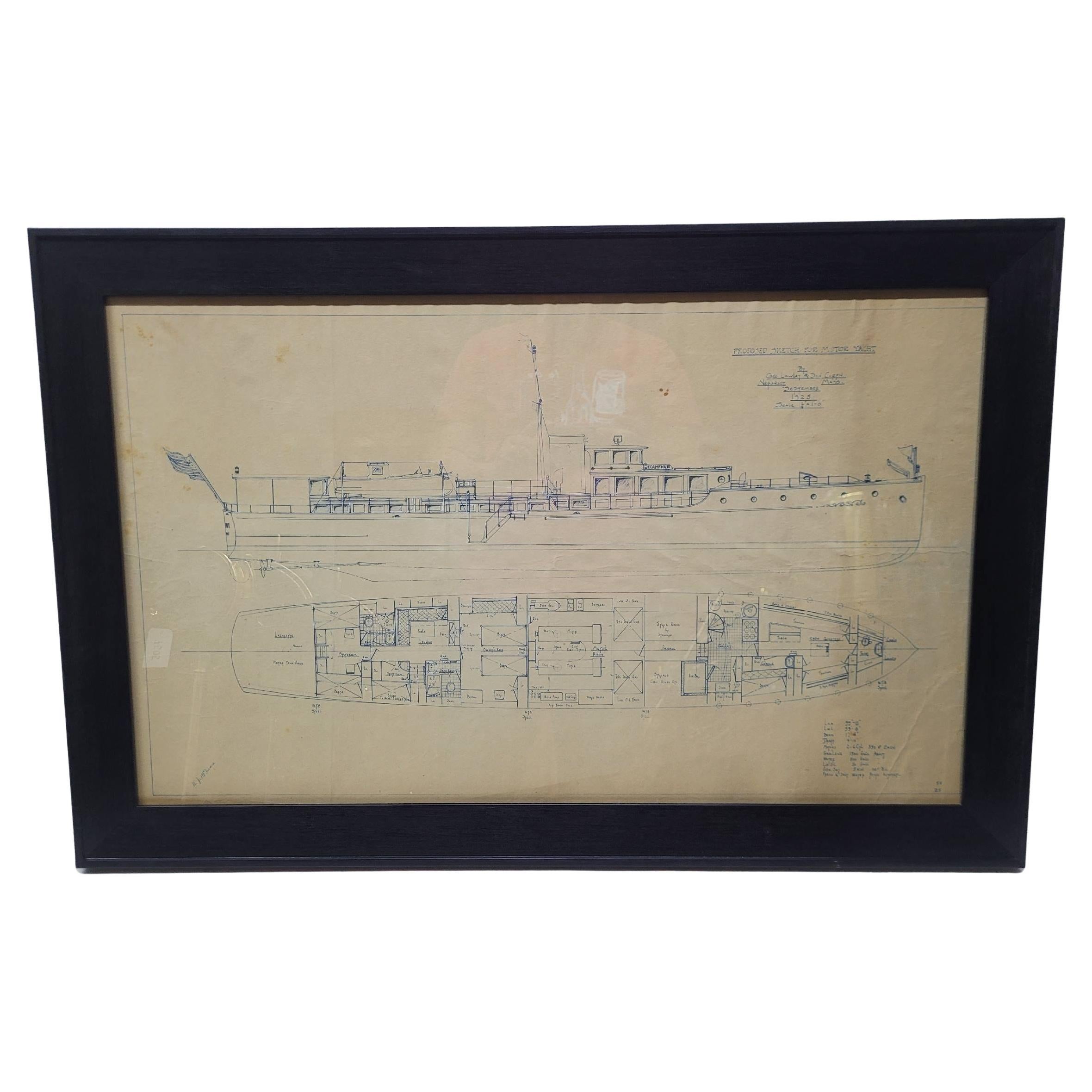 Plan original de 1925 d'un yacht de 100 pieds, réalisé par George Lawley