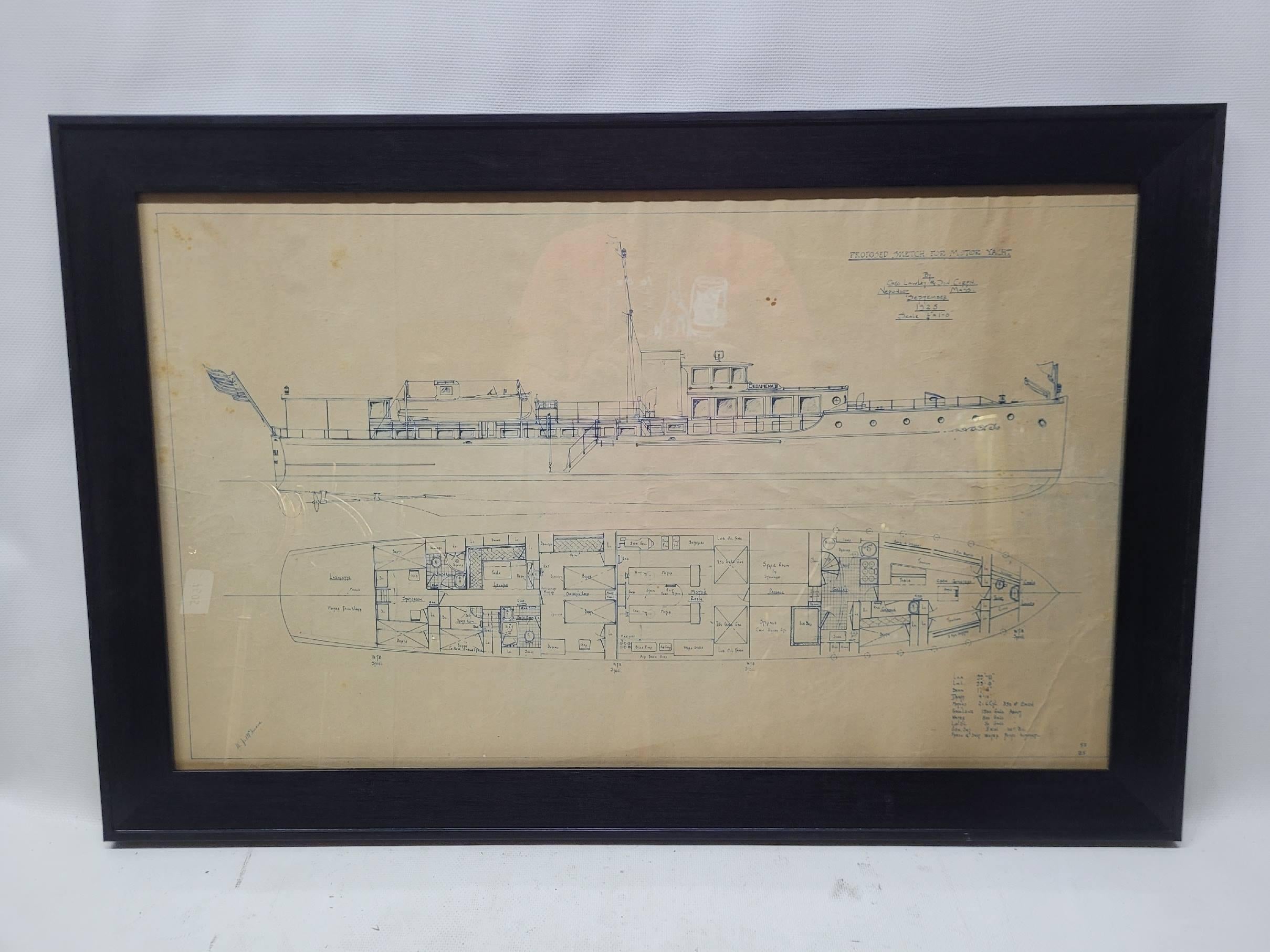 Plan d'un yacht privé à moteur de cent pieds, datant de 1925. Le plan est intitulé 