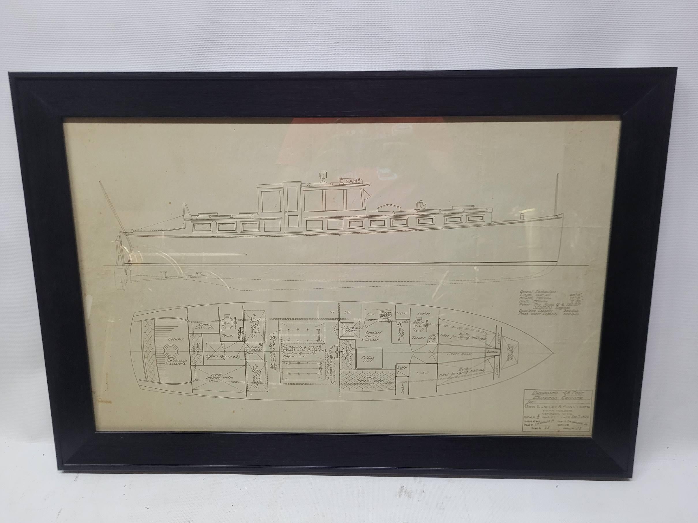 Excellent dessin d'un projet de croiseur express de 48 pieds de George Lawley and Son Corporation, Yacht Builders, Neponset, Mass. L'échelle 1/2