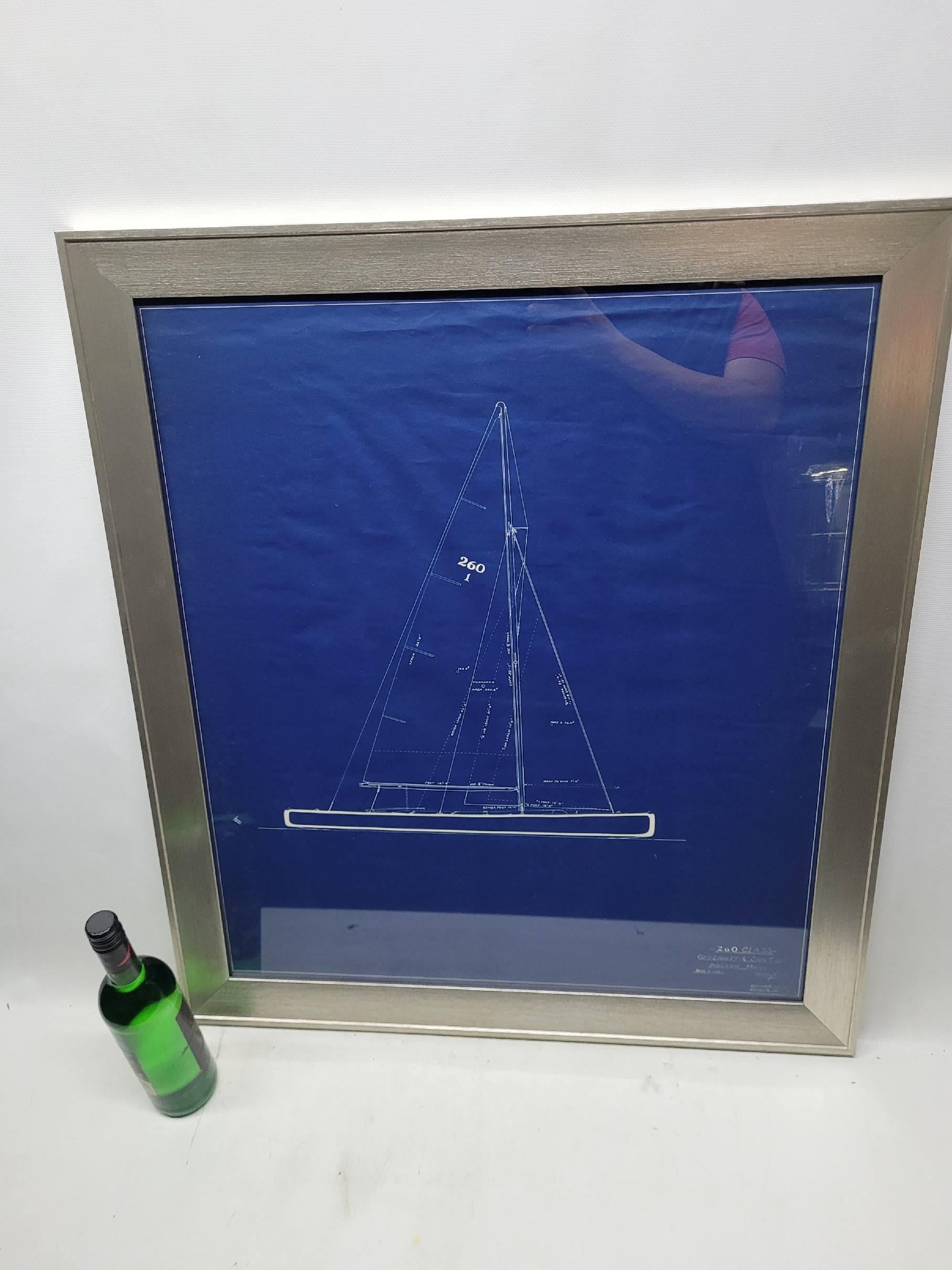 George Lawley 260 Plan de classe. Plan bleu riche indiquant les dimensions du mât et des voiles. Il s'agit d'un design/One à double extrémité de C.I.C.. Ce plan est celui d'un yacht de trente et un pieds et a été dessiné par Wilder B. Harris. La