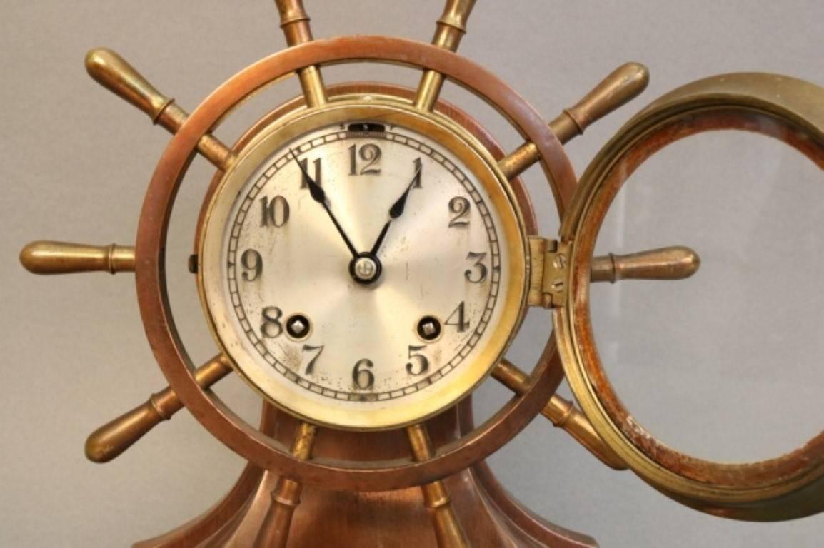 Ship's Bell Clock with Wheel In Good Condition In Norwell, MA