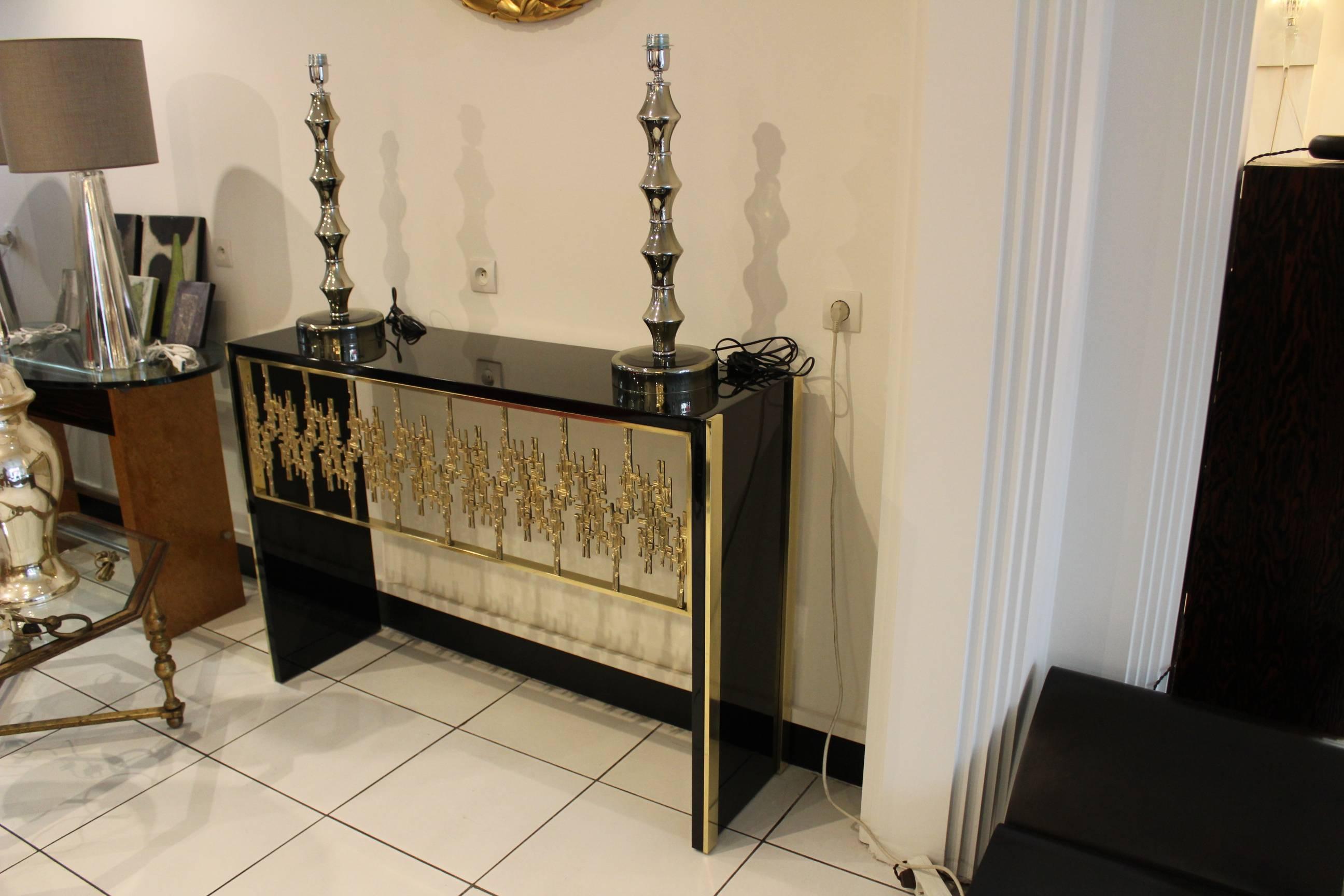 Mid-Century Modern Lacquered Console with Gilded Bronze Decor