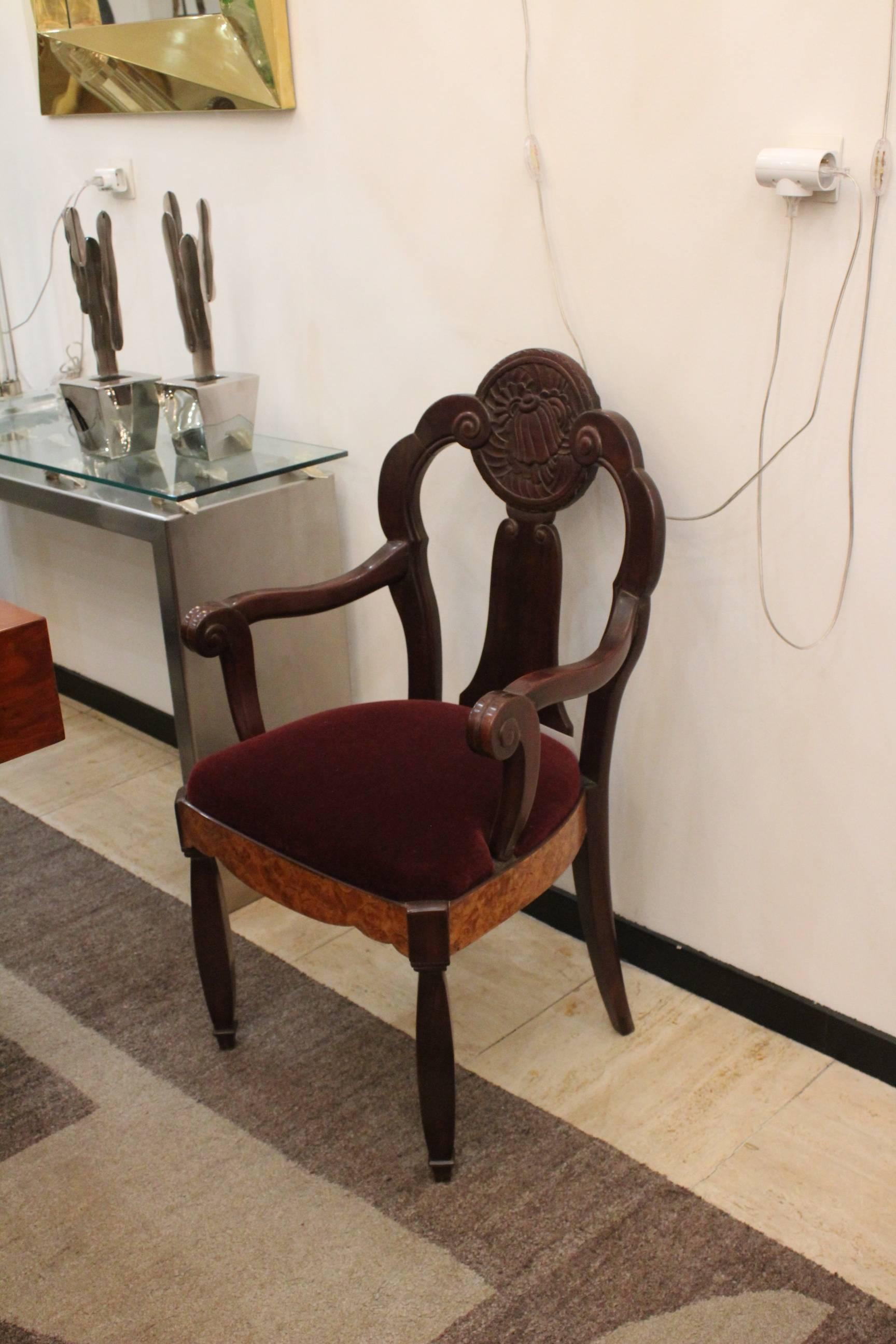 Maurice Dufrene, Pair of Walnut Burl and Amaranth Wood Armchairs, circa 1925 In Excellent Condition In Saint-Ouen, FR