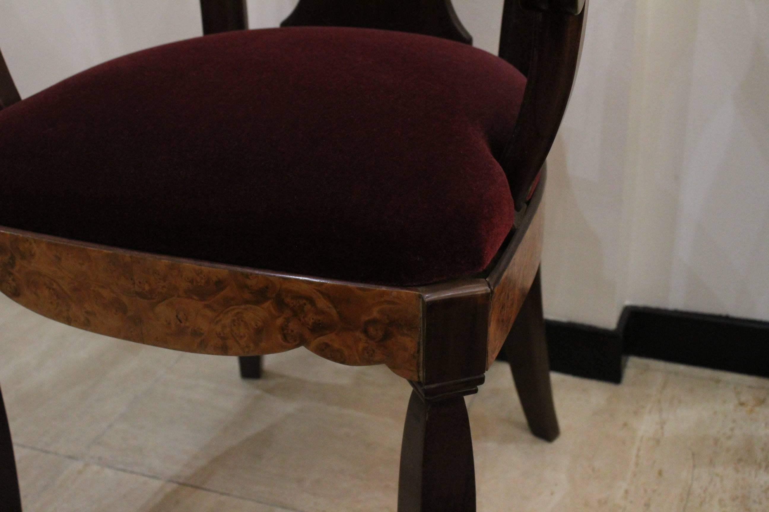 Art Deco Maurice Dufrene, Pair of Walnut Burl and Amaranth Wood Armchairs, circa 1925