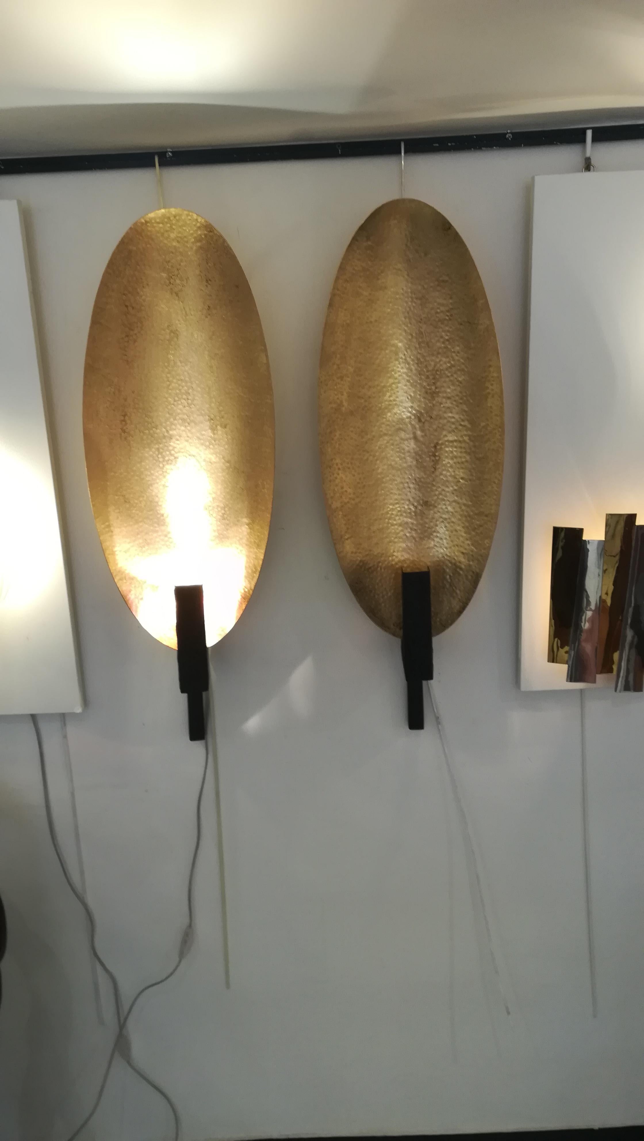 French Pair of Brass and Black Painted Metal Ovale Sconces For Sale