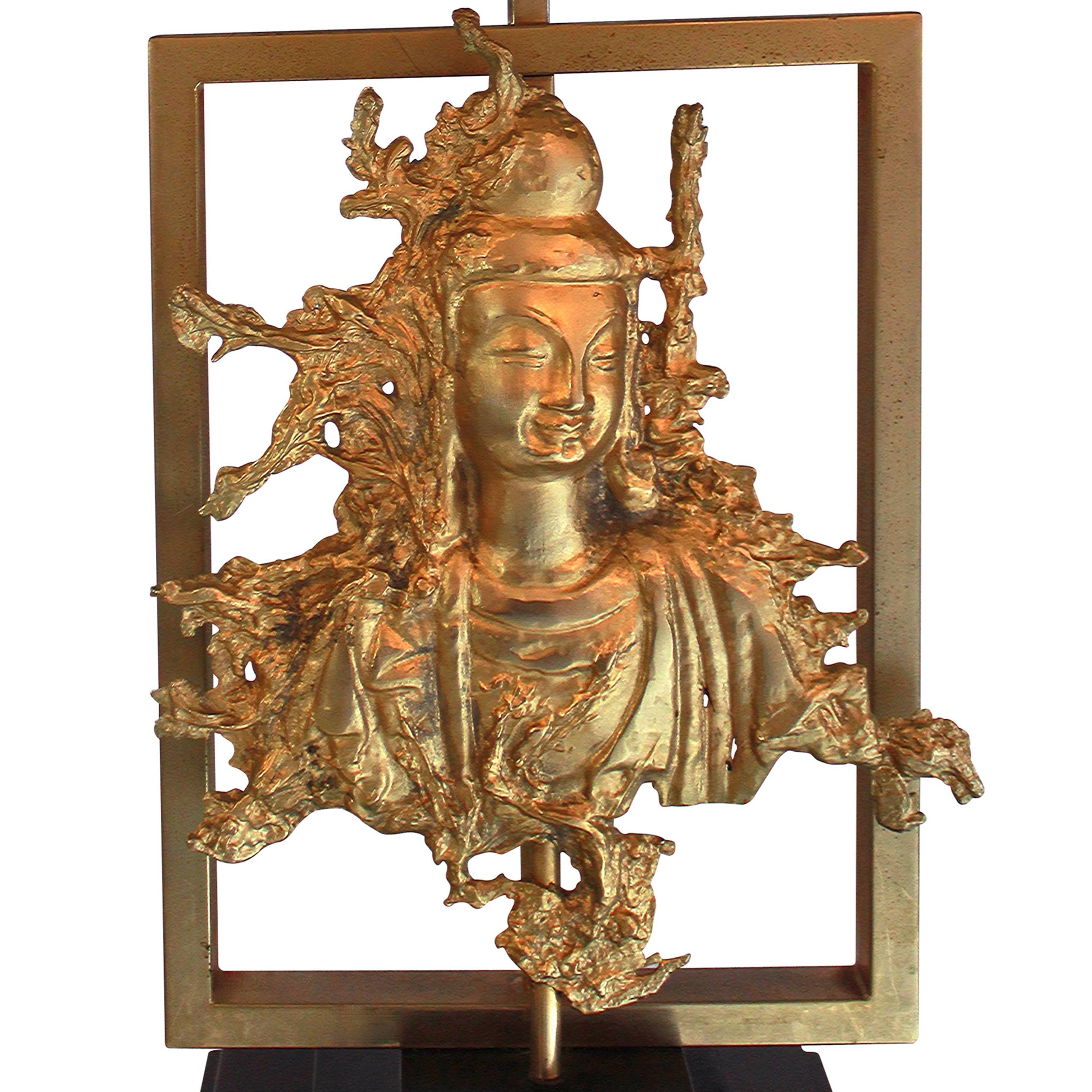 French Rare Table Lamp with a Buddha Bronze Figure, Maison Guerin, Paris, circa 1970 For Sale