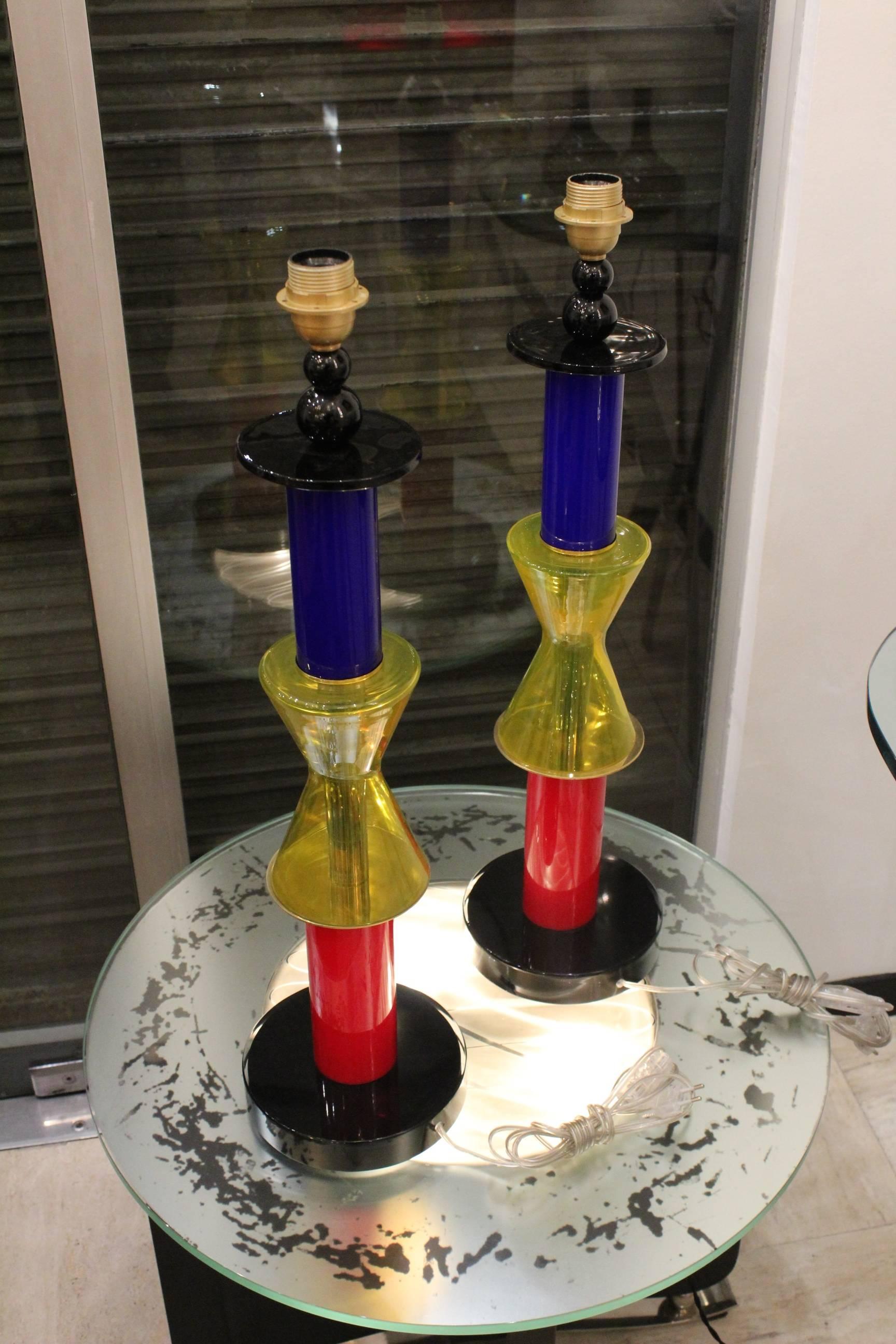 Pair of colored Murano glass table lamps, in excellent condition.