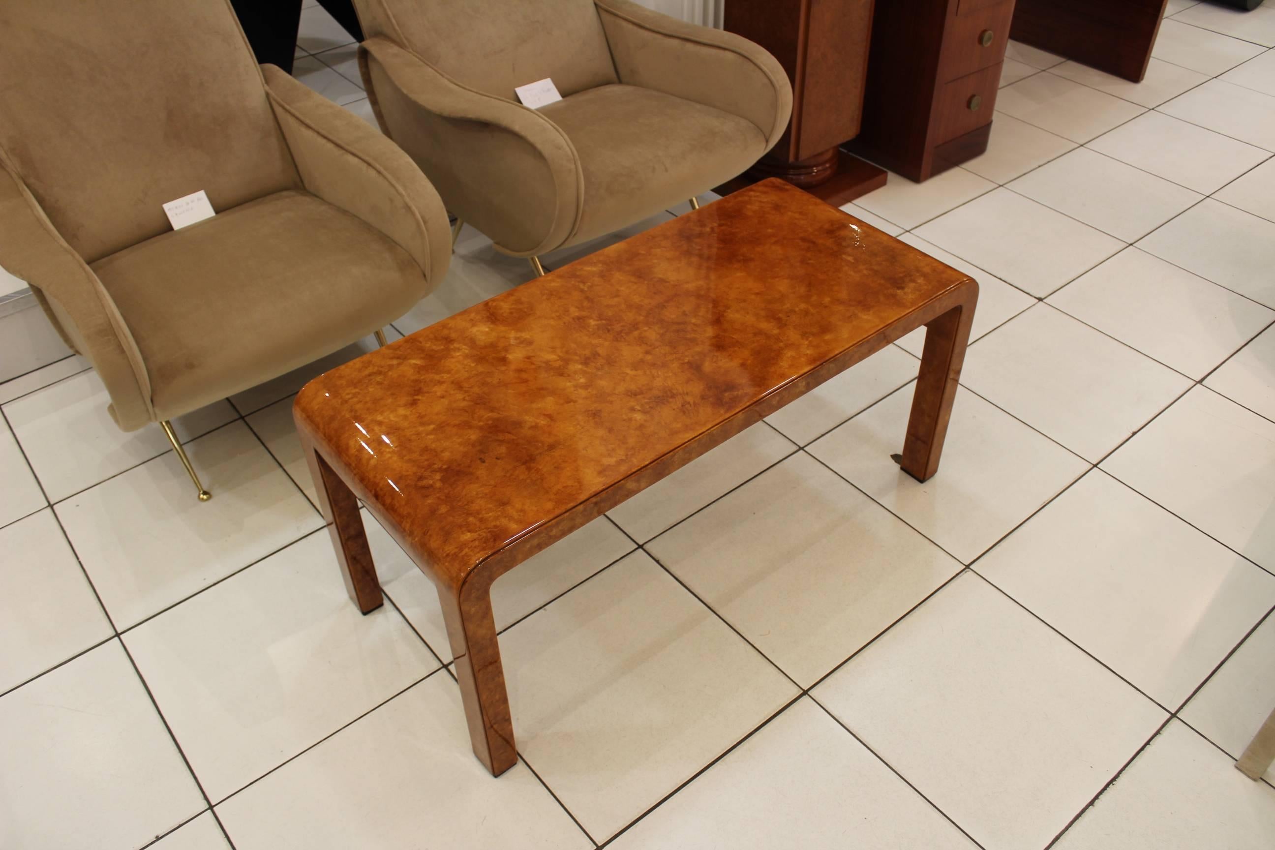 French Low Table in Varnished Parchment Veneer Attributed Aldo Tura For Sale