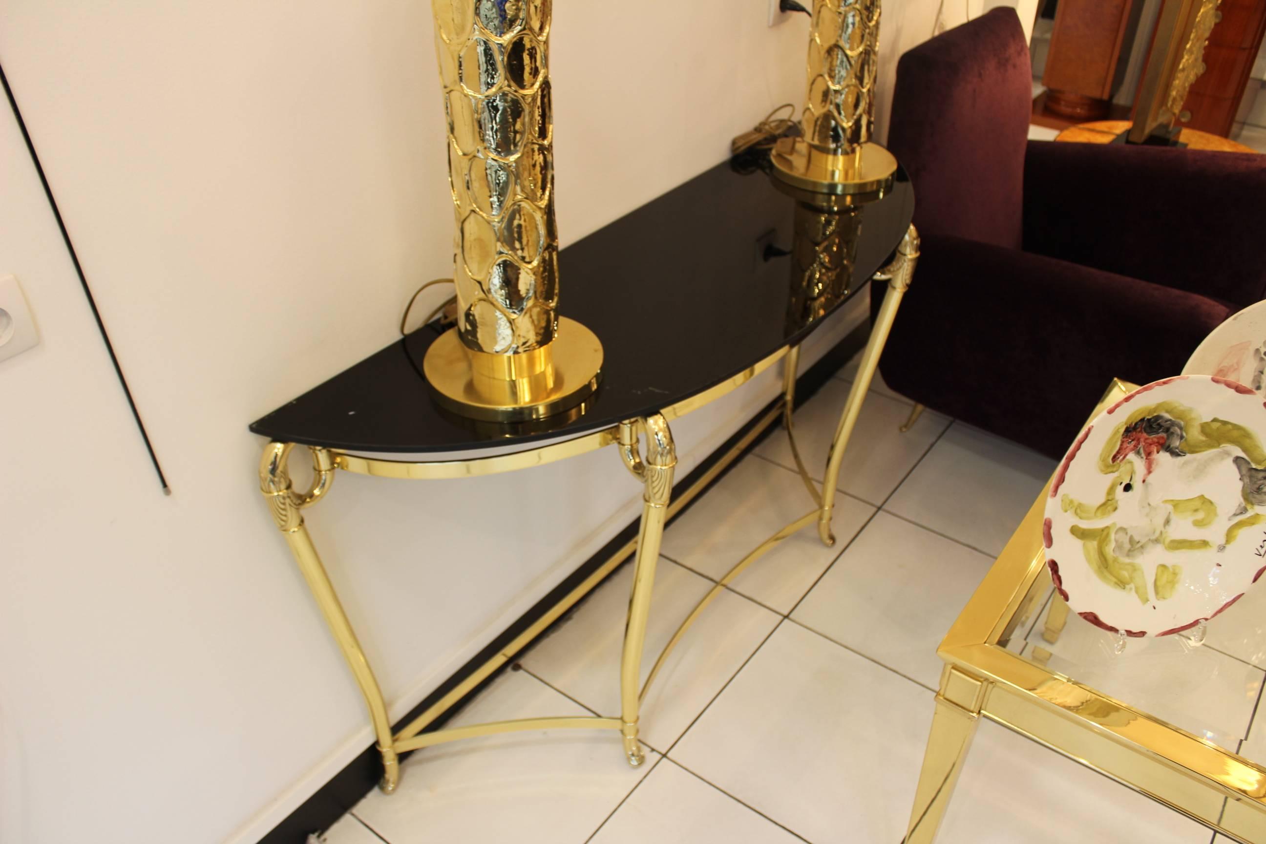 Italian Brass and Black Opaline Glass Console, circa 1970 In Excellent Condition In Saint-Ouen, FR