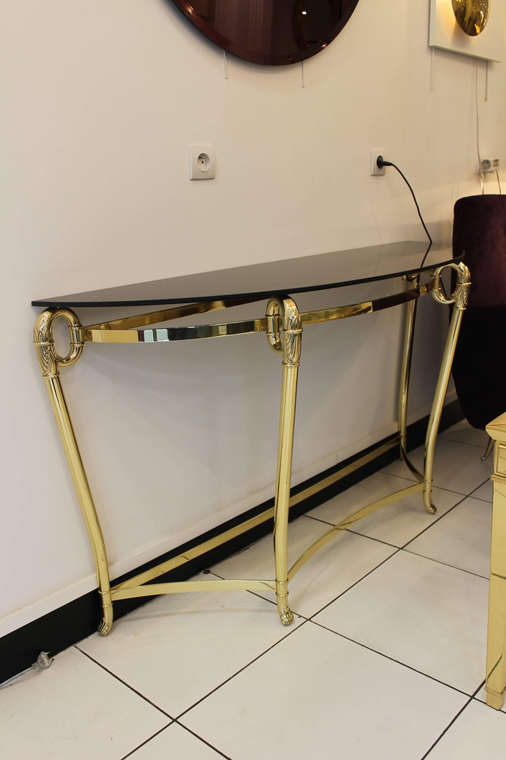 Italian Brass and Black Opaline Glass Console, circa 1970 1