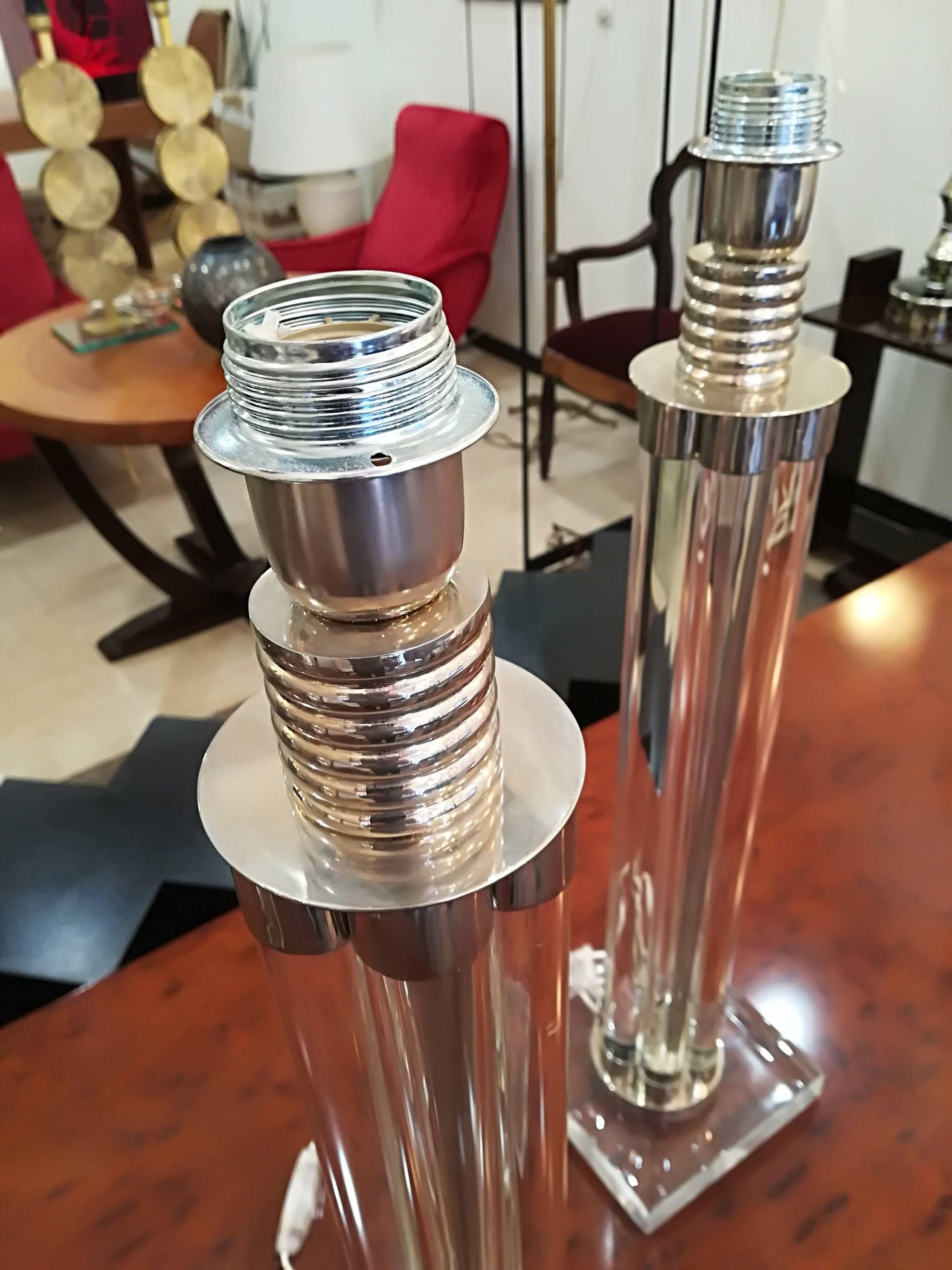 Modern Elegant Pair of Glass and Nickel Plated Metal Table Lamps