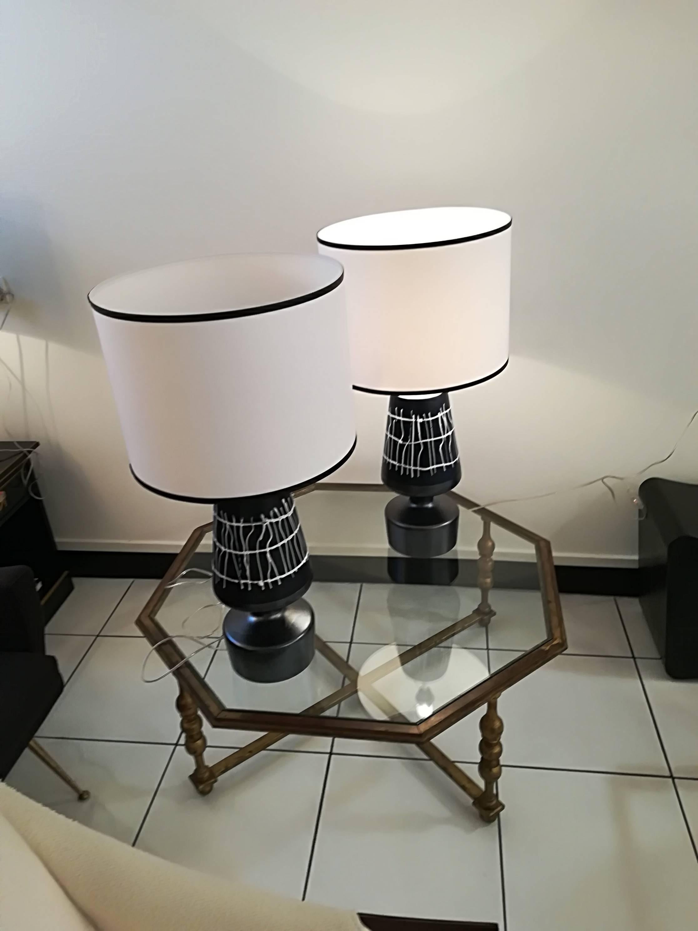 Pair Of French Ceramic Table Lamps, hand made, each decor is slightly different, 
elegant lampshades provided
Lamp base :55cmx18cm
