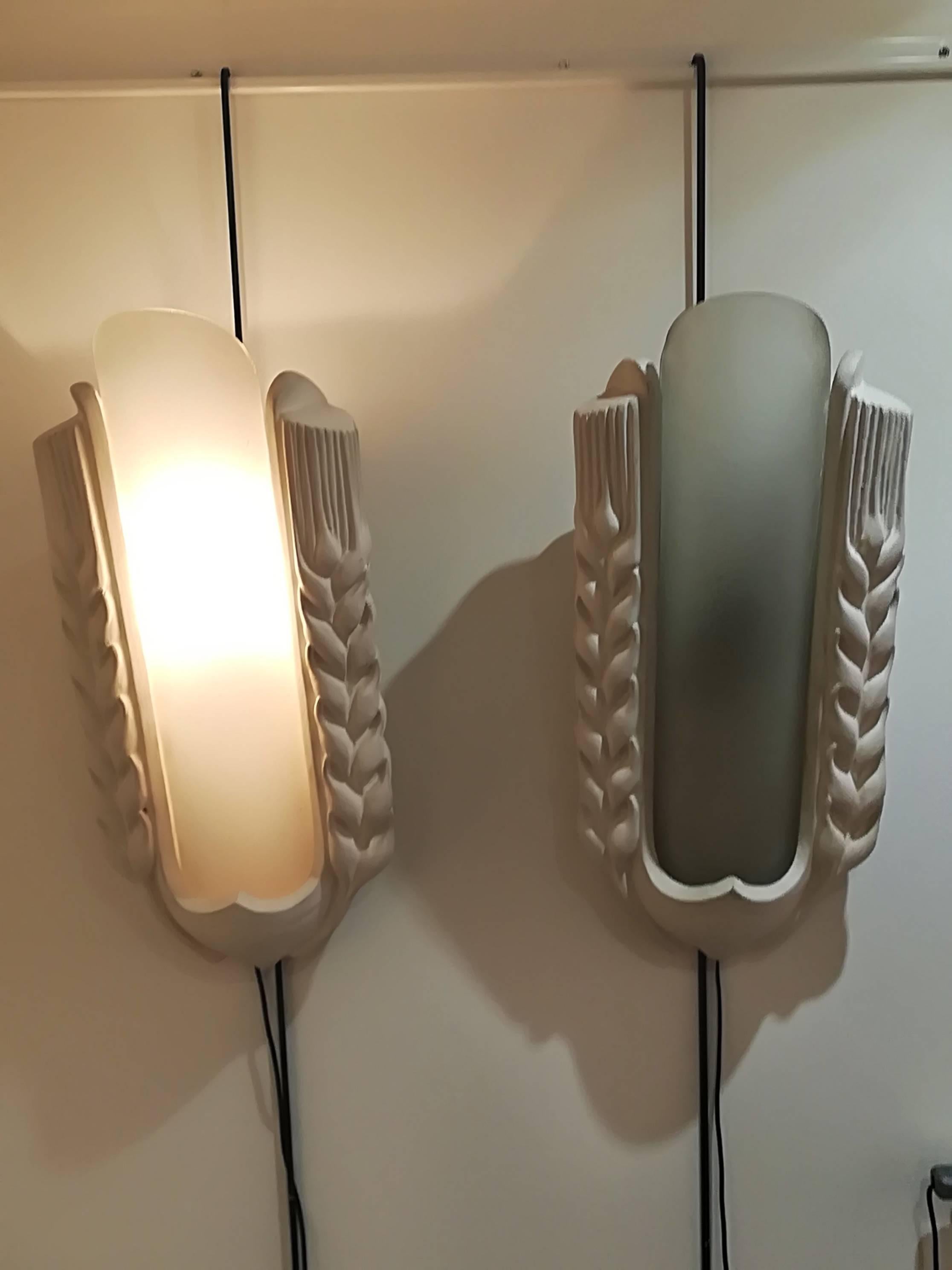 French Pair of 1940 Plaster and Glass Sconces