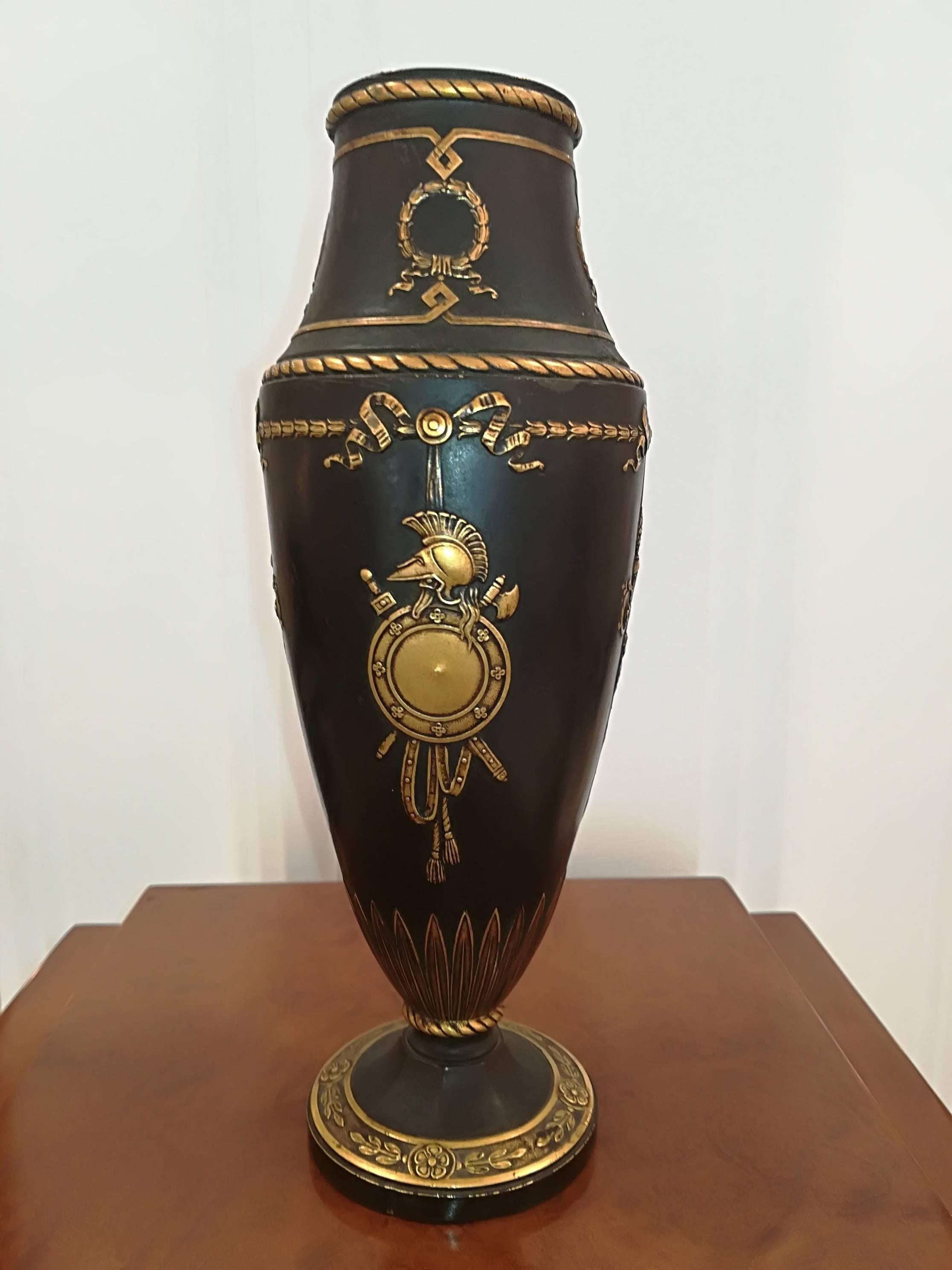  Christofle Neo classical Bronze Vase Circa 1920,  double patina black and gold, signed, in excellent condition