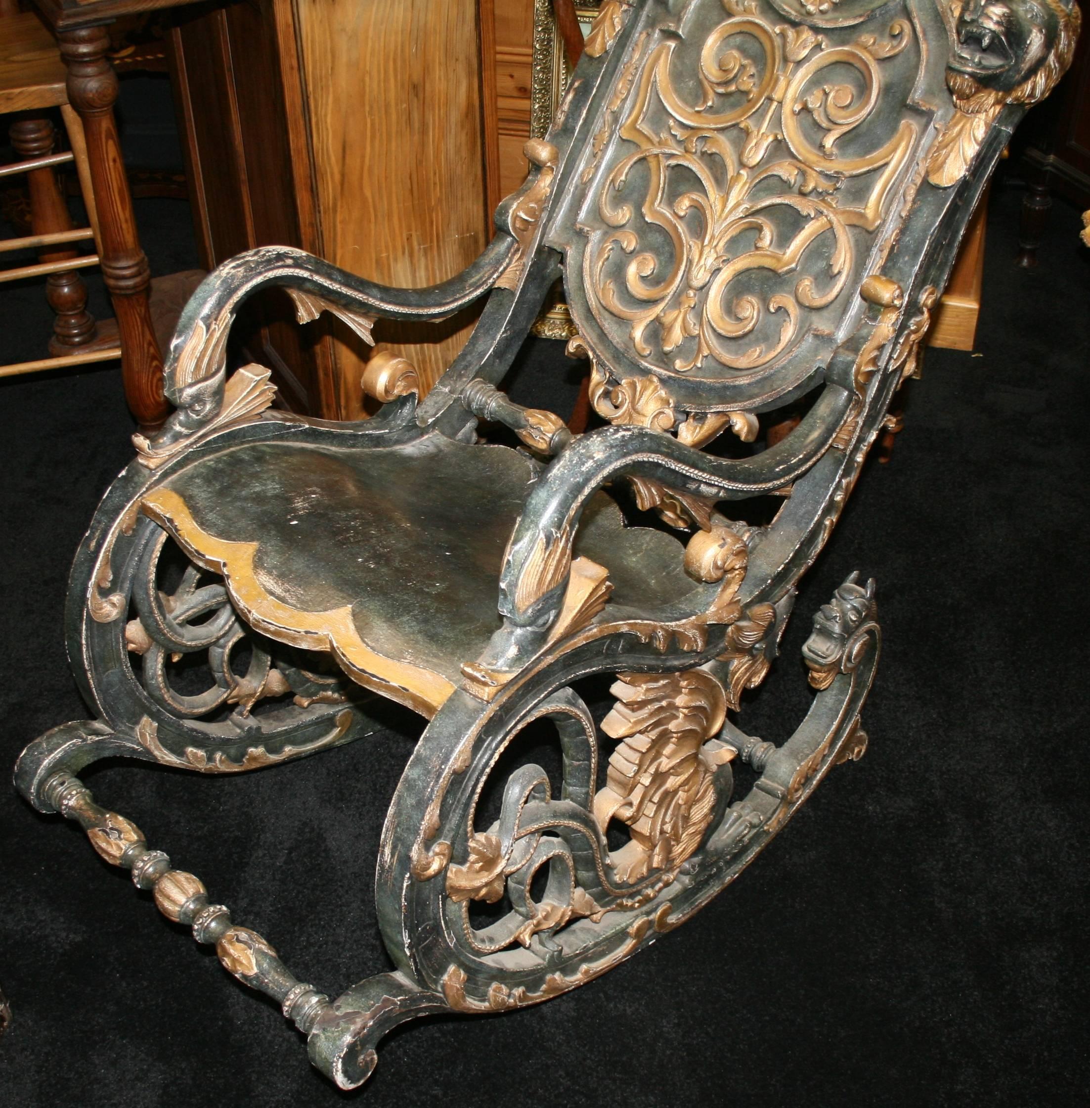 Heavily Carved 19th Century Sleigh Rocking Chair 1